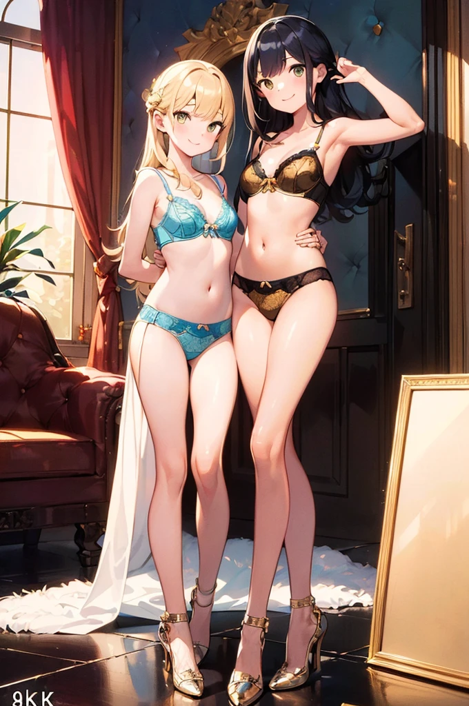 Two Girls, (masterpiece:1.8),(highest quality:1.8),(Very detailed:1.8),(8k:1.8),(Ultra-fine Illustration:1.5),Random hairstyle,Flat Chest,Small Ass,(Luxury Metallic Yellow,,lingerie:1.4),(Pose with a smile:1.5),,(Full body angle),, 