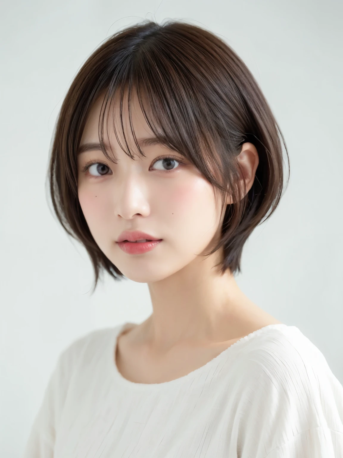 White long sleeve dress、Tabletop、(White wall in the background)、In front of a white door、((highest quality、8k、masterpiece:1.3))、Ultra-high resolution、(photoGenuineistic:1.4)、RAW Photos、30-year-old woman、Japanese,(face)、Genuine、Photographed in natural light、Highly detailed face and skin texture、Highly detailed lips、The correct state of the human body、short hair、Shortcuts、Black Hair、short hair、Various poses、Natural color lip、Fluffy hair