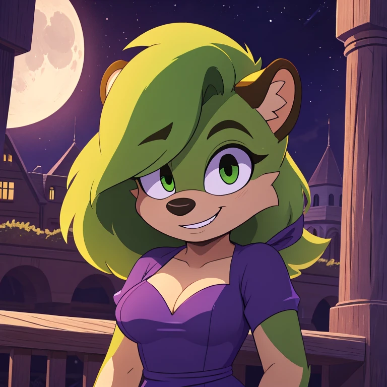mobian leopard, female, green fur, green eyes, green hair, green body, ponytail, purple dress, low cut dress, cleavage, grin, fluff, fur, tuft, night, moon, castle, small breasts, Masterpiece, high quality, studio quality, intricate details, 4k, solo, ((masterpiece)), high quality, ((2d, 2d art)), ((sharp, expressive eyes)), (detailed colors, detailed shading), detailed background