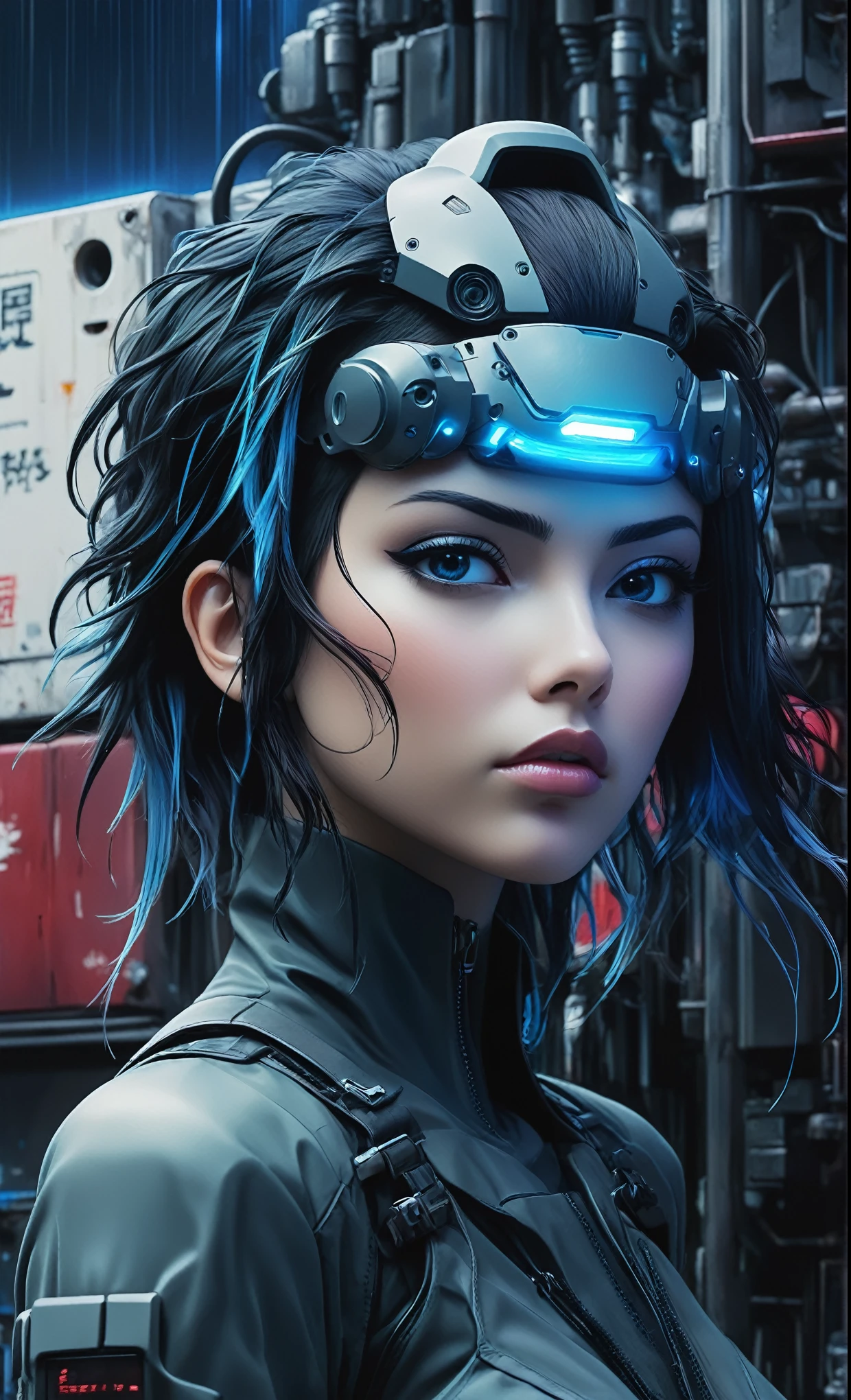 Ghost in the Shell Vol.2, by Luis Duarte, Luis Duarte style, blue and black shading, Neo-Tokyo style, Element Air, Mythpunk, Graphic Interface, Sci-Fic Art, Dark Influence, NijiExpress 3D v3, Kinetic Art, Datanoshing, Oilpainting, Ink v3, Splash style, Abstract Art, Abstract Tech, Cyber Tech Elements, Futuristic, Illustrated v3, Deco Influence, AirBrush style, drawing