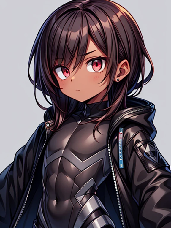 dark skin, male, (((short dark brown hair))), big red eyes and a very androgynous face, wearing a black exoskeleton bodysuit and a long black coat taimanin with sliver accent, black armoured taimanin_suit,