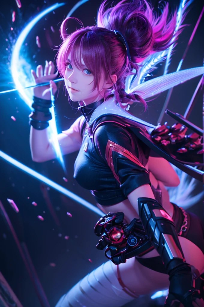 (masterpiece, highest quality), (Perfect athletic body: 1.2), (Detailed Hair), Very detailed, Anime Style, whole body, alone, Cyberpunk Magical Girl, Colorful braided hair, Armored Magical Diva Outfit, Mechanical microphone holding up weapon, Wear technical boots, standing wilderness, White Background, whole body, Supernatural Fire and Lightning,
