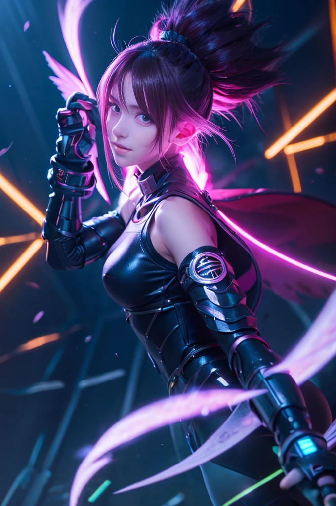 (masterpiece, highest quality), (Perfect athletic body: 1.2), (Detailed Hair), Very detailed, Anime Style, whole body, alone, Cyberpunk Magical Girl, Colorful braided hair, Armored Magical Diva Outfit, Mechanical microphone holding up weapon, Wear technical boots, standing wilderness, White Background, whole body, Supernatural Fire and Lightning,