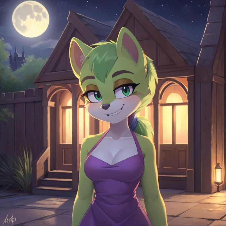 mobian leopard, female, green fur, green eyes, green hair, green body, ponytail, purple dress, low cut dress, cleavage,  grin, fluff, fur, tuft, night, moon, castle, small breasts, Masterpiece, high quality, studio quality, intricate details, 4k, solo, ((masterpiece)), high quality, ((2d, 2d art)), ((sharp, expressive eyes)), (detailed colors, detailed shading), detailed background