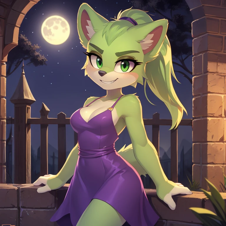 mobian leopard, female, green fur, green eyes, green hair, green body, ponytail, purple dress, low cut dress, cleavage,  grin, fluff, fur, tuft, night, moon, castle, small breasts, Masterpiece, high quality, studio quality, intricate details, 4k, solo, ((masterpiece)), high quality, ((2d, 2d art)), ((sharp, expressive eyes)), (detailed colors, detailed shading), detailed background