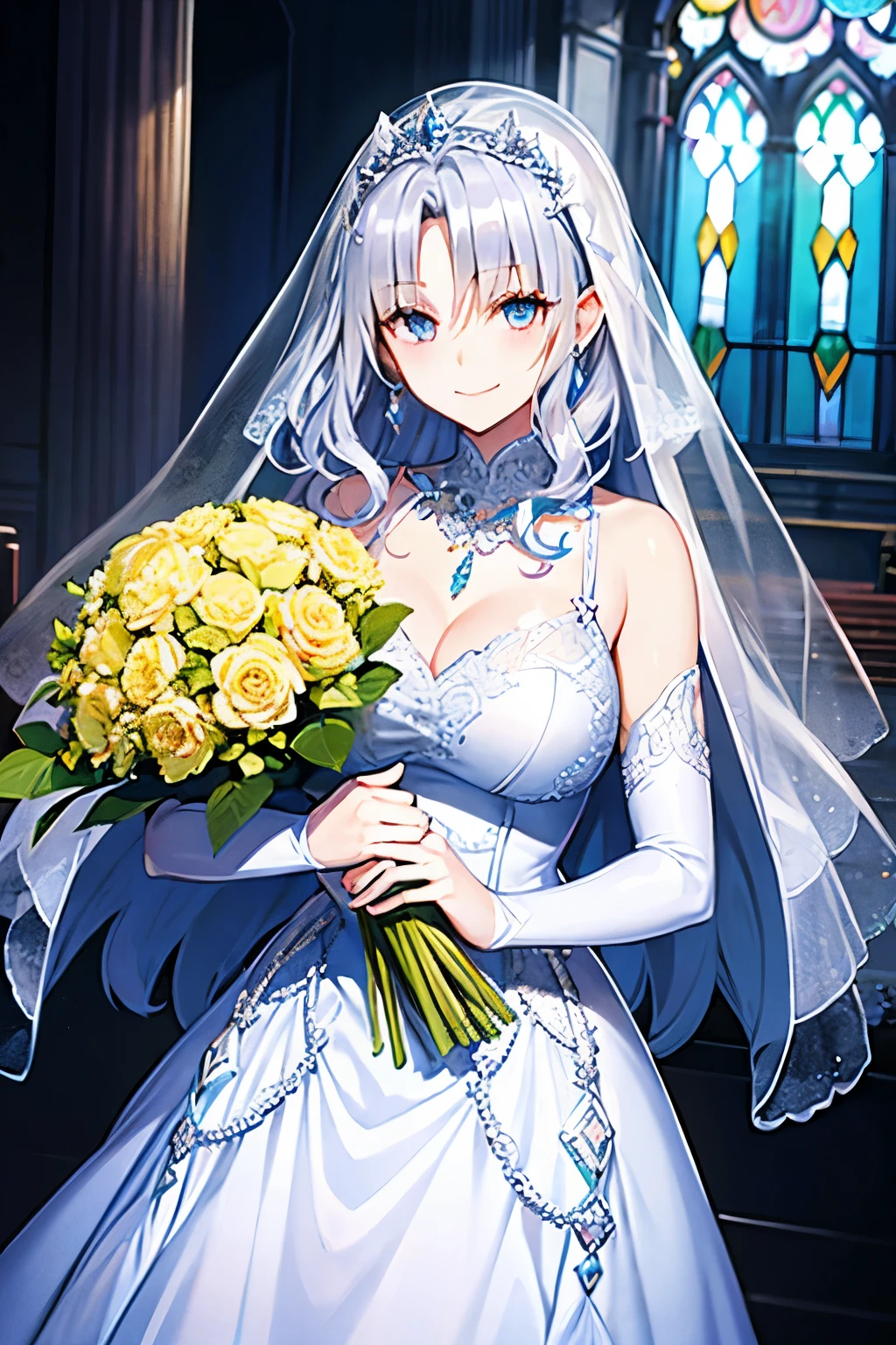 Silver Hair　Medium Hair、smile、Huge 、Light Blue Prom Dresses　Mini length、Black lace pattern　Arm Covers、Veil　tiara、ring earrings、church　Stained glass、Holding a yellow bouquet
