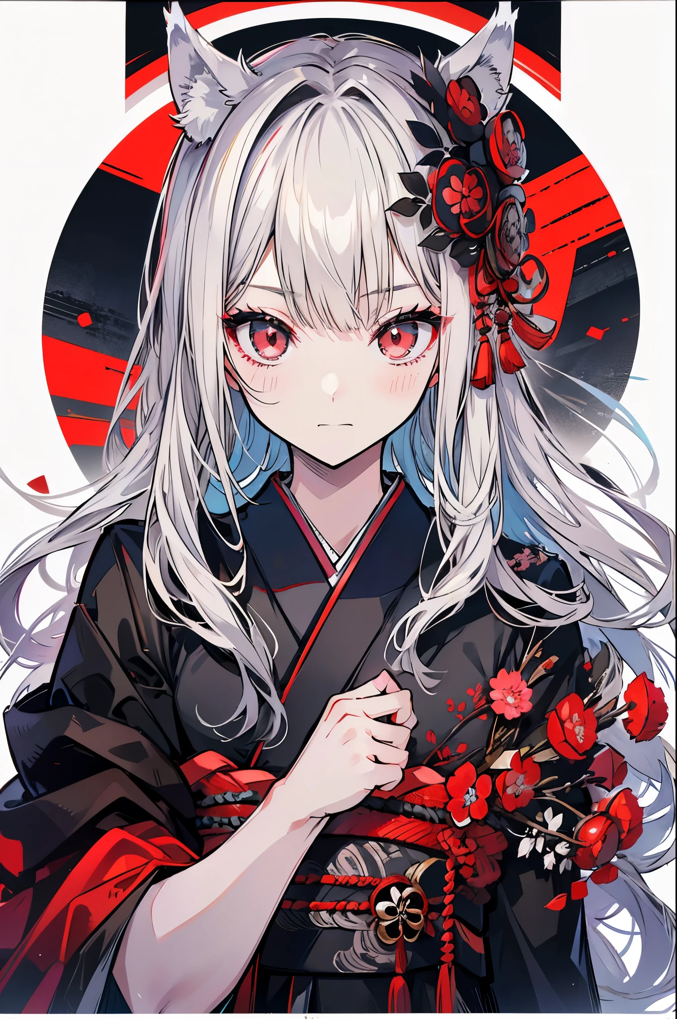 high quality, Wolf Ears,Black kimono,Gray Hair,Long Hair, Seductive red eyes,nice,Japanese style,Fight,martial arts,fist,fistのFight,movie,Fightfield,karate,截fist道,fistを構える,Finding