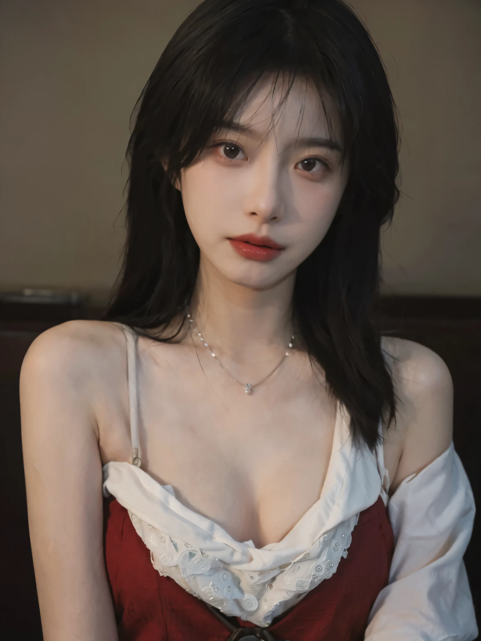 Film portrait photography, 2 girls, Bare shoulders,Lipstick,(flat chest:1.4), Wear a necklace,Cute expression,Exquisite makeup,Red suspenders,serene, calm, (Realistic and detailed eyes, Natural skin texture, Realistic facial details), Big breasts:1.6,Big Breasts,Soft dramatic lighting, Depth of Field, Bokeh, Vibrant details, Detailed and detailed, Surreal, 35mm film, hazy, ,