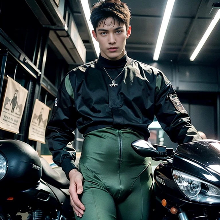 Highest image quality, outstanding details, ultra-high resolution, (realism: 1.4), the best illustration, favor details, highly condensed 1boy, with a delicate and handsome face, dressed in a black and green sexy mecha,holding a directional controller, riding on a motorcycle, the background is a high-tech lighting scene of the future city. ,(( full length shot(fls) )), wide pelvis , wide hips , bare thighs , (handsome face ) ,  , sexy , nsfw , eroticism , micro thongs