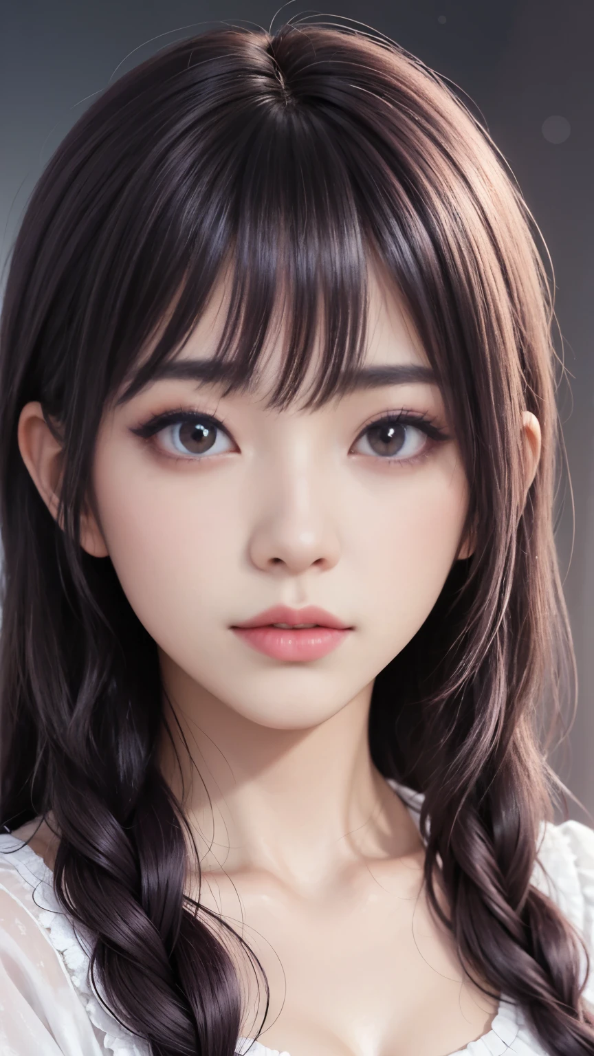 background(Black Night Sky,Big Moon),Close-up of a woman,Wearing a white shirt、Purple Hair,Very long hair,very thick braids,Purple eyes,big , realistic girl rendering, 8k artistic german bokeh, Enchanting girl, Real Girls, Gurwitz, Gurwitz-style artwork, Girl Roleplay, Realistic 3D style, cgstation Popular Topics,, 8K Portrait Rendering,(truth,truth:1.4),Wear pink pajamas,巨big ,Sparkling eyes,Purple eyes