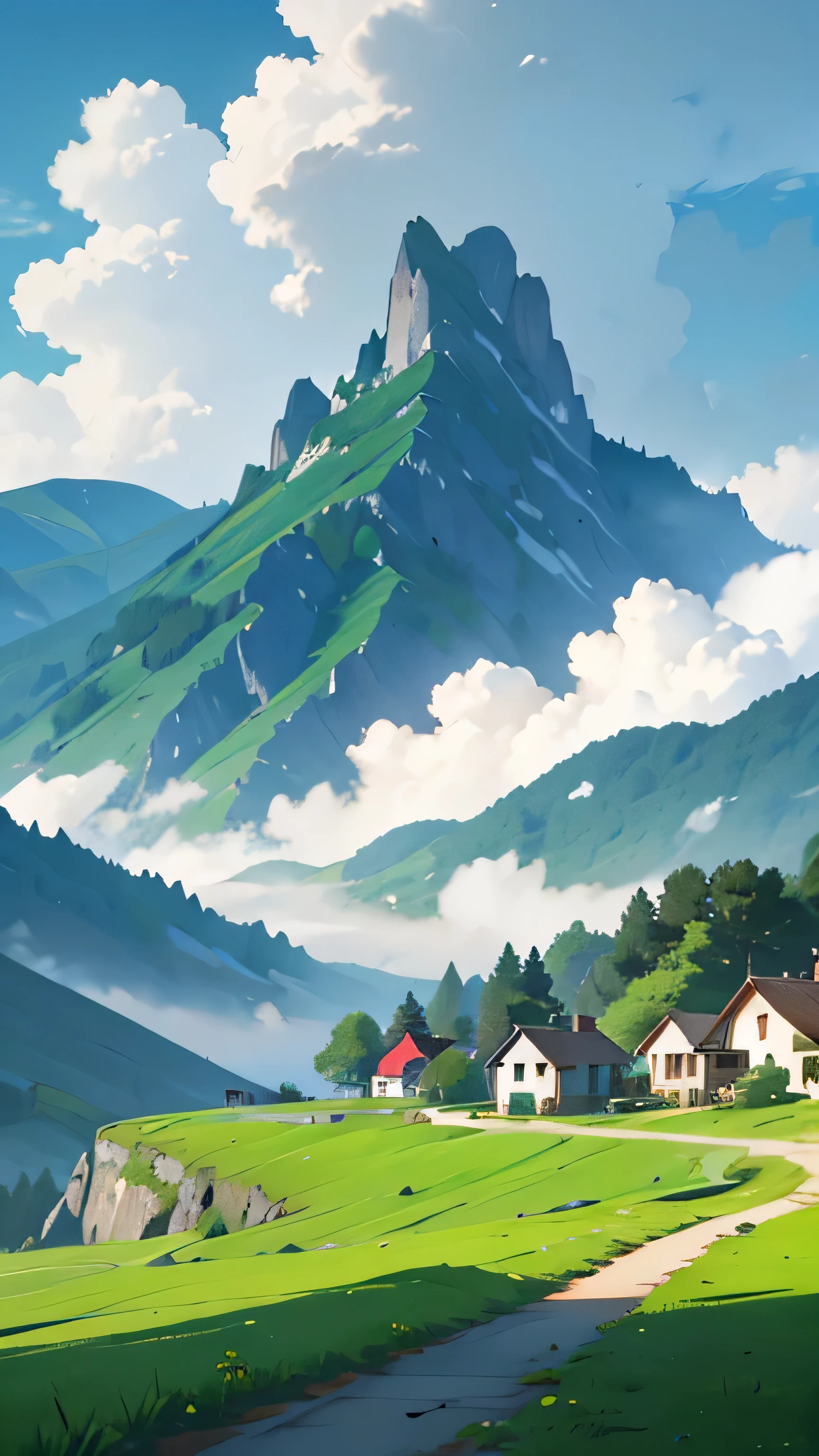 There is a large city surrounded by green mountains with many houses between mountains with clouds and some fog all the houses are white with red ones it is a large town green mountains