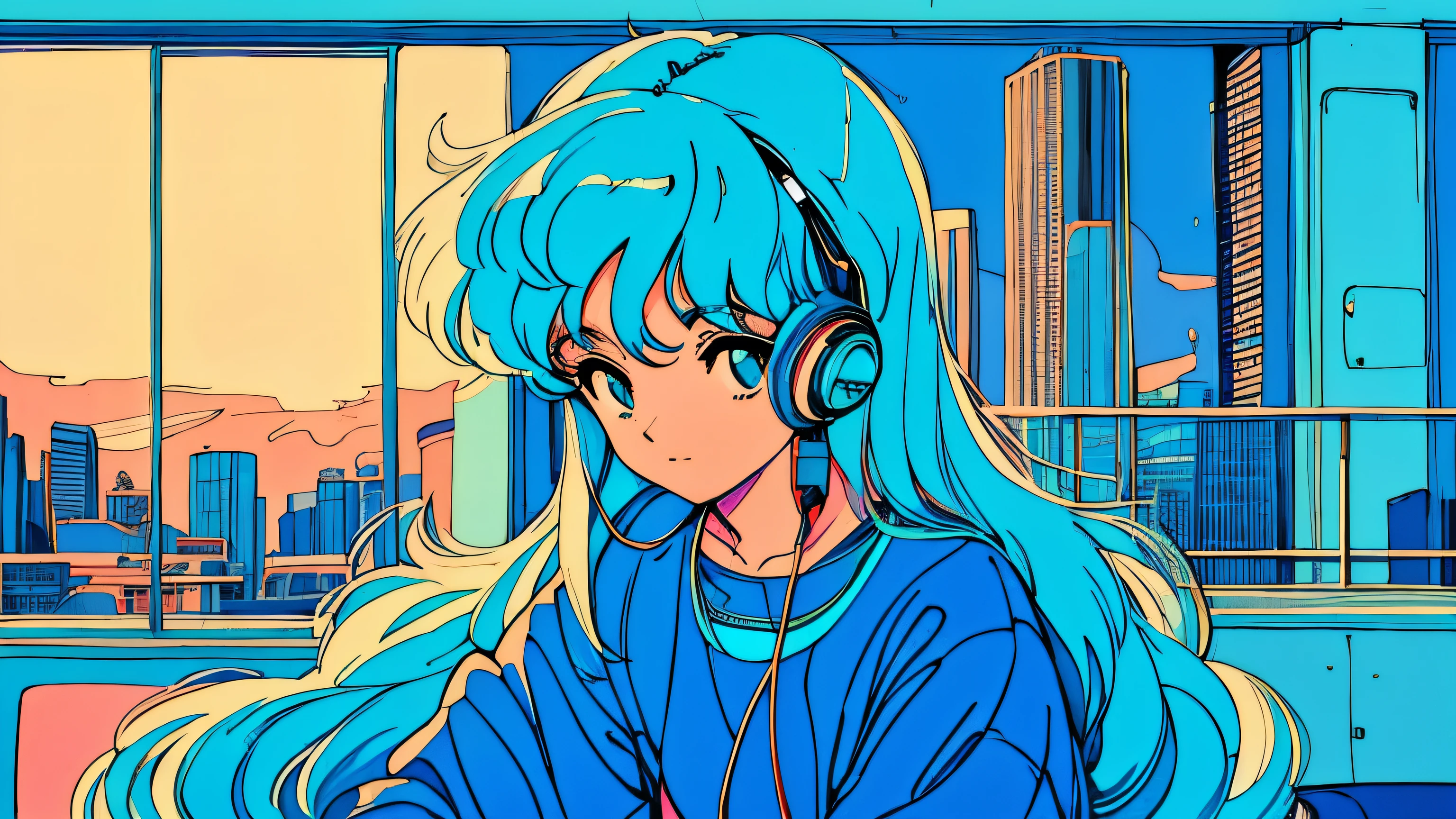 City pop style art,Light blue hair, long hair, Wearing headphones, Futuristic yet lo-fi, Retro, Vintage, Ghost,masterpiece, Sitting on the floor, Night view (( Late Night )), (( Looking down ))