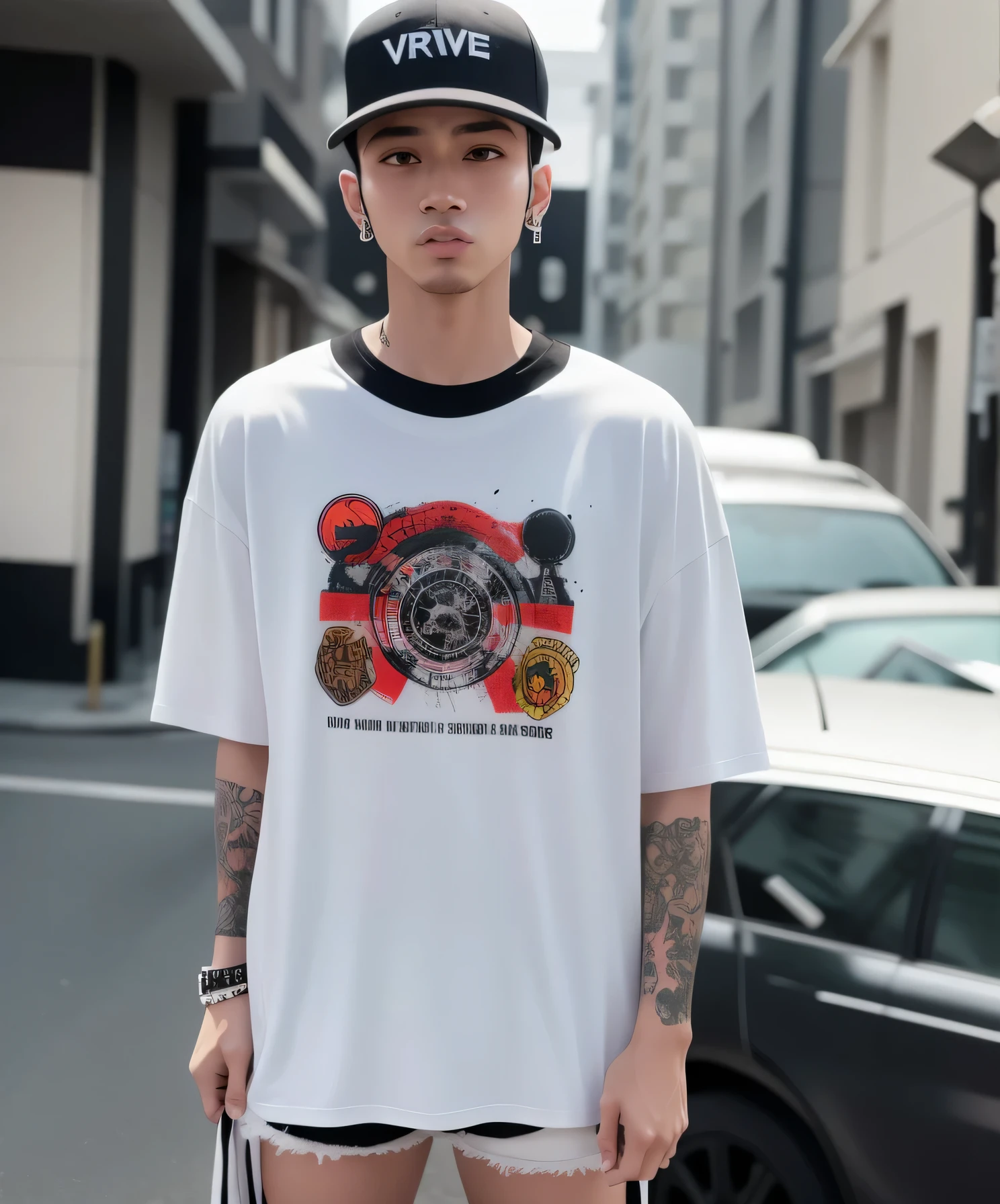 Homem arafed com um skate em uma rua da cidade, vestindo roupas espaciais, japanese streetwear, outlive streetwear collection, graphic tees, moda streetwear, imagem oficial do produto, usando streetwear cyberpunk, Retrato no meio da foto, wearing japanese techwear, Cyberpunk Streetwear, roupas brancas da moda, ano 3 0 0 0, Ano 3000, Akira Estilo de Arte, tee shirt graphic