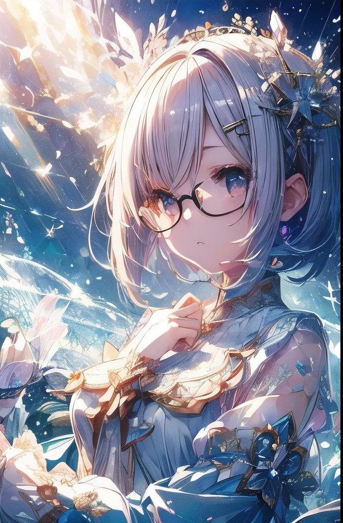 A dreamlike world、Pale Light、Glasses、Bob Hair、Hair clip on the right side of the bangedium breast、White sparkly clothes