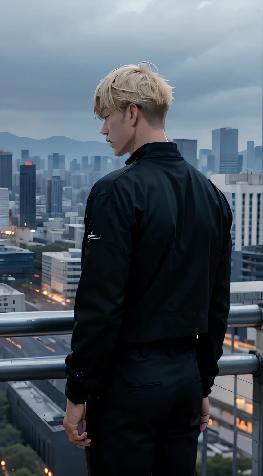 1man, adaption of this character nanami kento jujutsu kaisen with black shirt,stand up on road of tokyo city, backside view, overlooking city,look to the city, camera behind subject, 8k, high res, masterpiece, ultra detail.