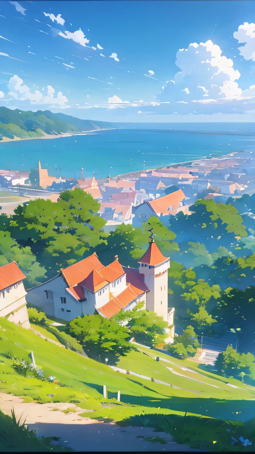 A seaside castle, the edge of a small cliff, a wide Angle, a bright spring, a vast green plain, Makoto Shinkai _ Miyazaki Hayao _ Shin Haisei _ Miyazaki Hajun _ Japanese manga _