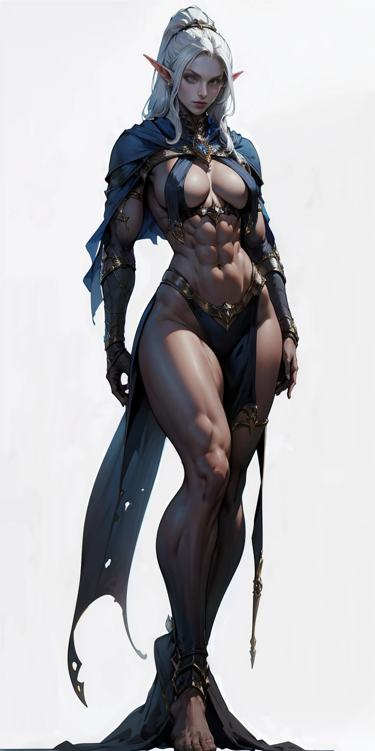 ((masterpiece, white background:1.2)) full body of a woman, standing feet together, extremely long hair, ponytail, perfect anatomy 1sologirl, tall slim thick ((muscular)) high elf toned body, silver breast plate, blue cape, slender abs, hourglass waist