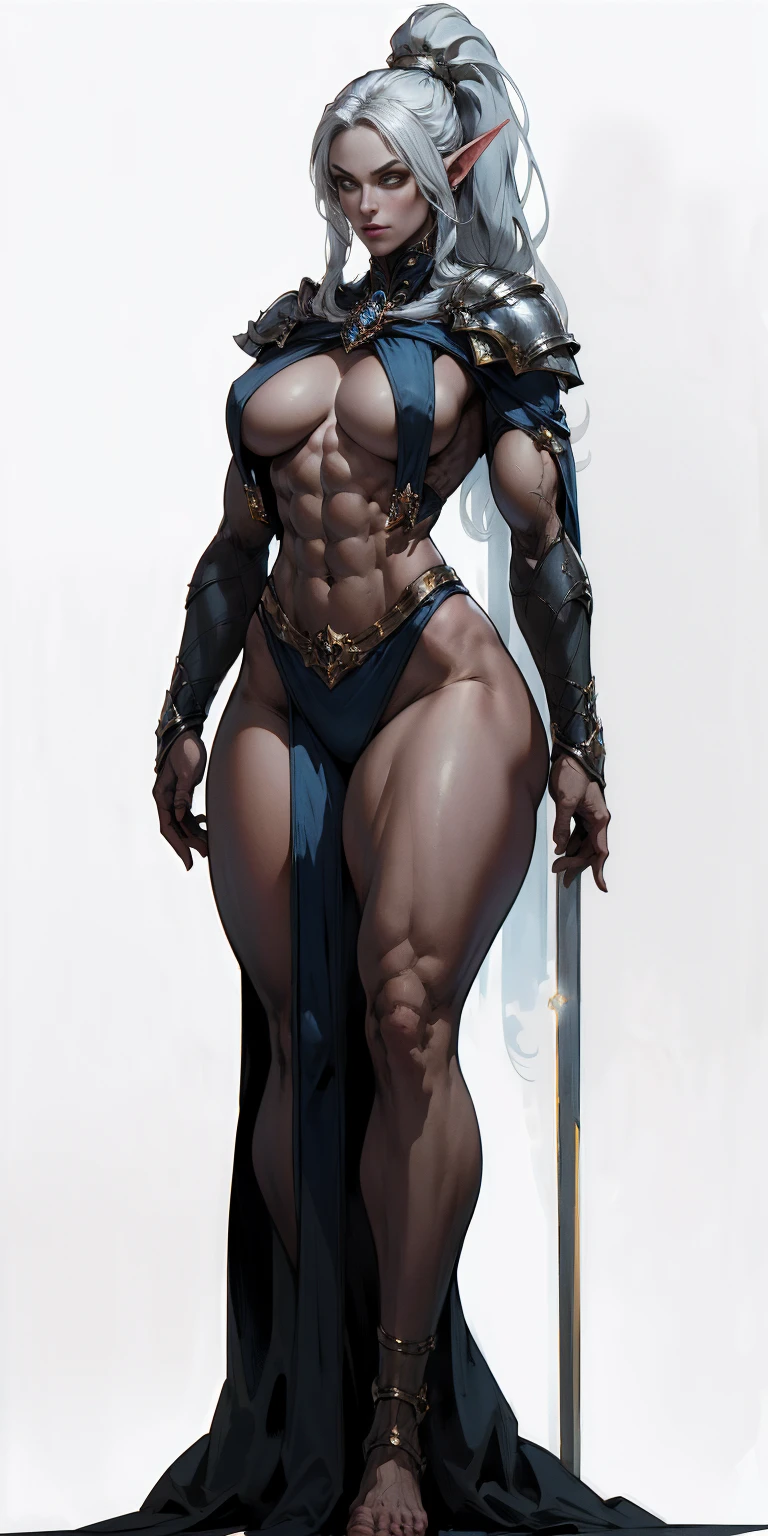 ((masterpiece, white background:1.2)) full body of a woman, standing feet together, extremely long hair, ponytail, perfect anatomy 1sologirl, tall slim thick ((muscular)) high elf toned body, silver breast plate, blue cape, slender abs, hourglass waist