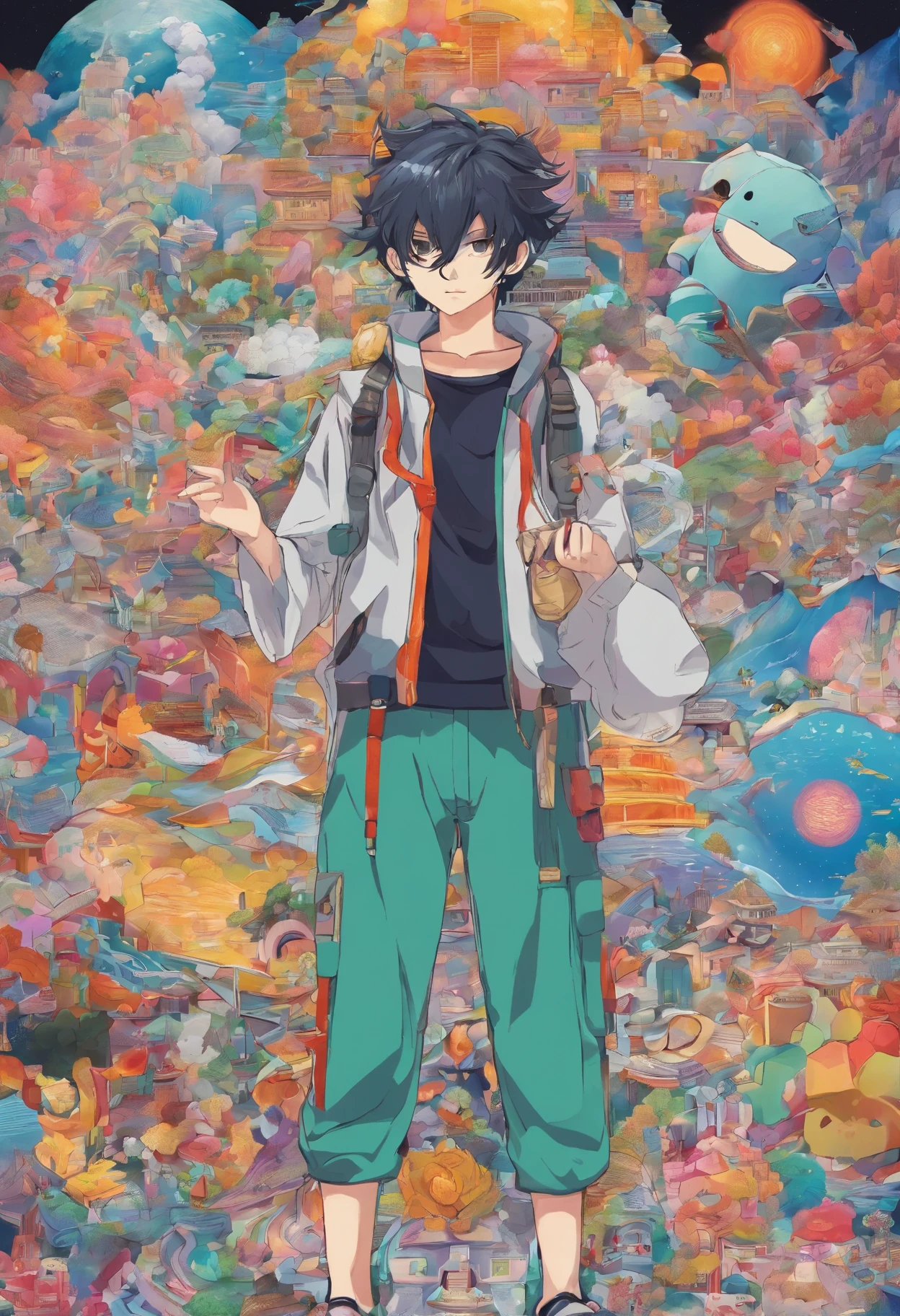 anime character with a bunch of items on his back, an anime drawing inspired by Eiichiro Oda, trending on pixiv, vanitas, mob psycho 100, anime wallaper, anime cover, official art, trending anime art, trending anime artwork, in a anime masterpiece, shuushuu anime image, anime picture, in an anime