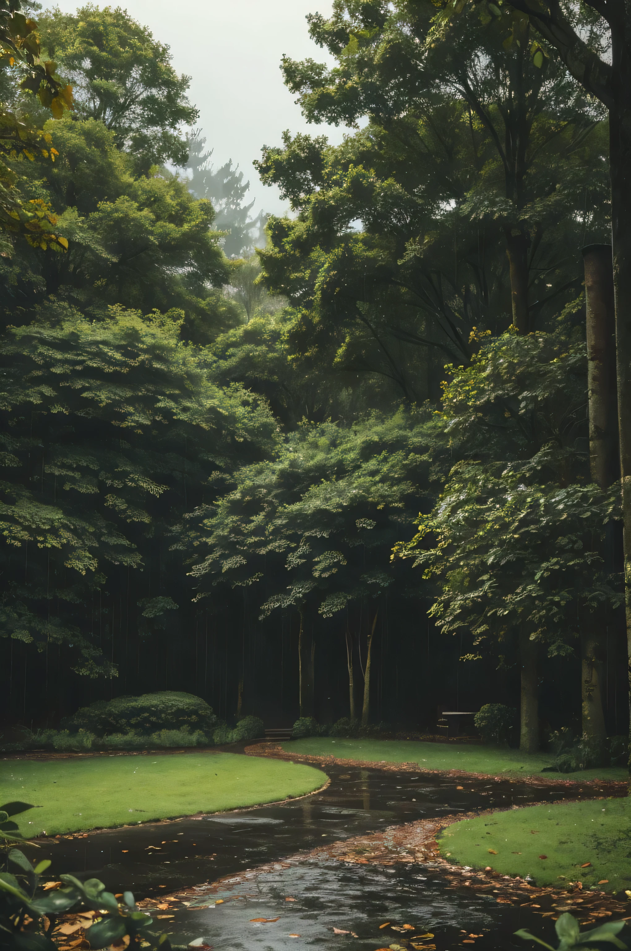 rainy background, beautiful, cozy, atmospheric, air waves, dropping from the leaves