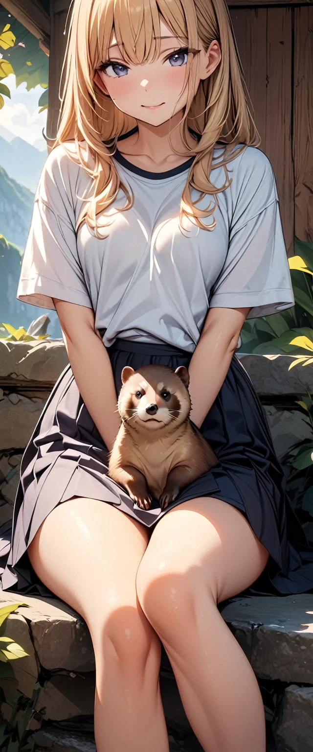 ((masterpiece, highest quality, High resolution)), ((Highly detailed CG integrated 8K wallpaper)), Close-up photo of an otter, Woman relaxing with legs, Cute way to sit,raccoon dog.