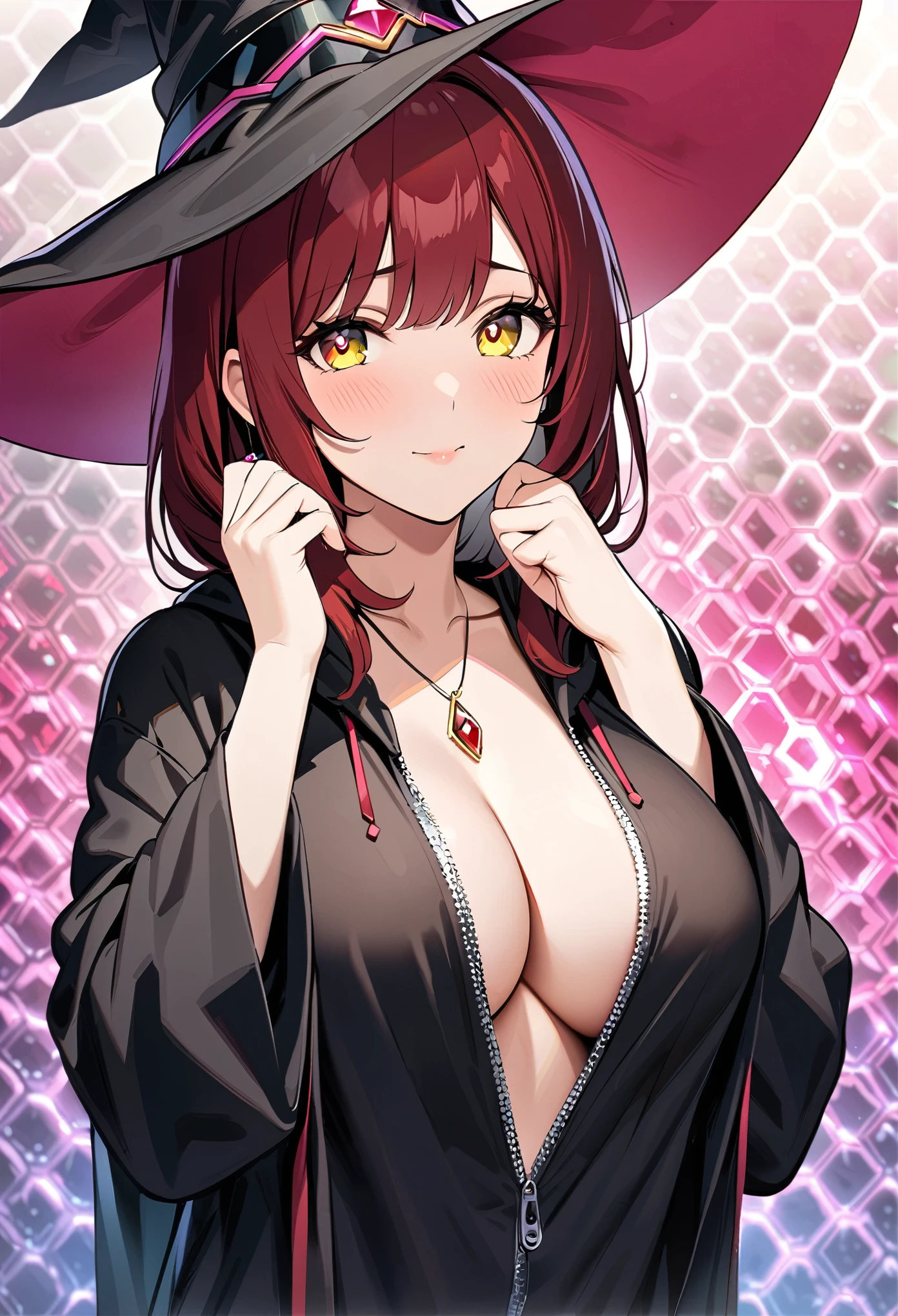 ((masterpiece)), (best quality), (Super detailed), Top image quality, 4k, (8K), Special effects level image quality,A woman Aesthetics, Dreamy feeling,(Hands touch your face:0.9),Rainbow nail polish,Fine dark red hair,Delicate yellow pupil,Pink light effect,(dark:1.2),cygames,(Wearing only a black zip-up robe with many small red gemstones:1.15),Large witch hat,(Upper Body),bare neck,(Cleavage:0.8),Depth of Field,Crystal woven maze background,Dense crystals