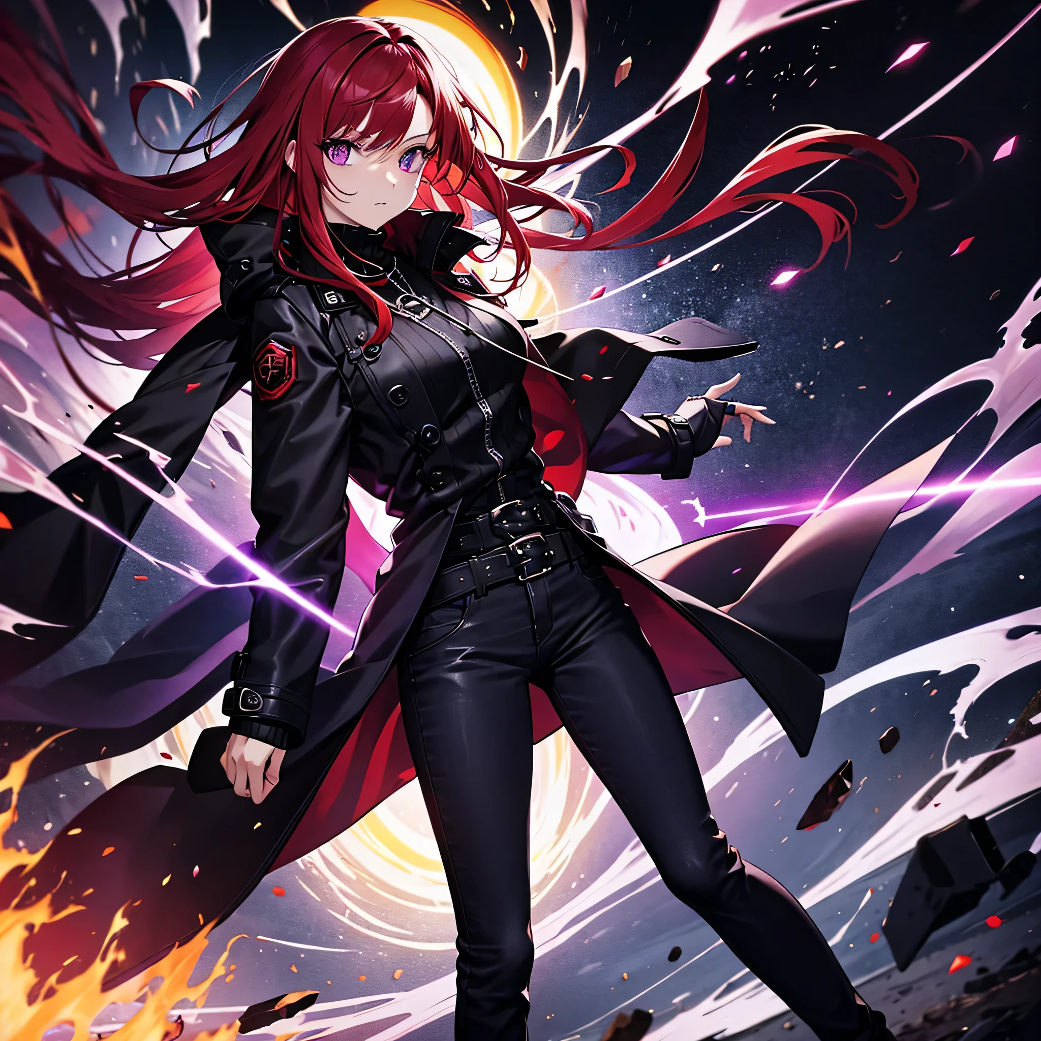 Red haired woman with purple eyes, sweater black, with Trench coat, jeans pants. Fire magic, glowing eyes