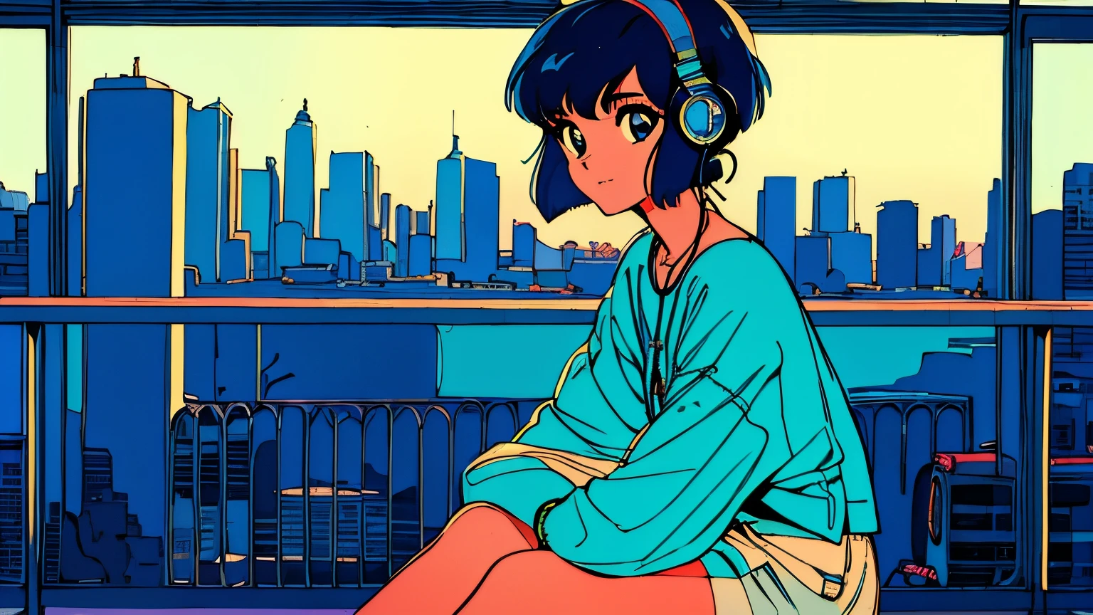 City pop style art,Blue Hair, Bobcut, Wearing headphones, Futuristic yet lo-fi, Retro, Vintage, Ghost,masterpiece, Sitting on the floor, City views (( morning )), (( Looking down ))