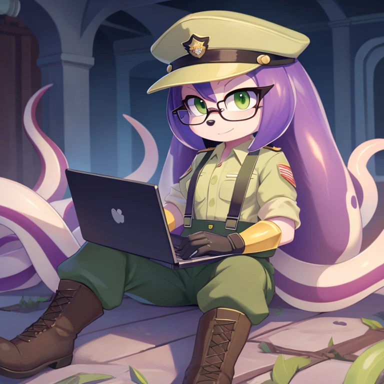 Squid mobian, 1girl, amethyst hair, tentacle hair, green eyes, military outfit, green clothes, sergeant hat, tactical gloves, suspenders, glasses, sitting, laptop