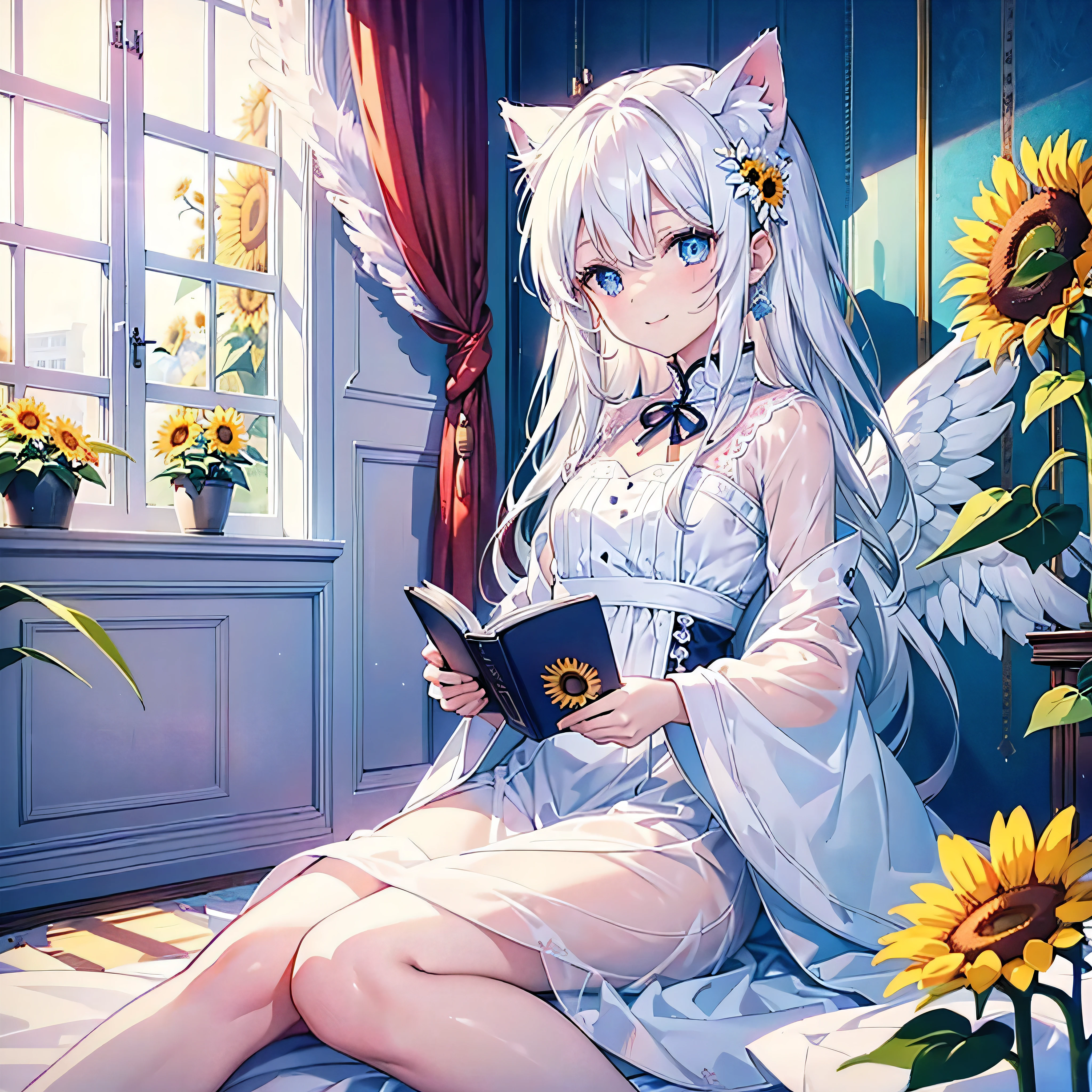 Only one woman and one cat、A beautiful woman with long white hair and blue eyes and a plain white cat、Front view of a woman smiling and holding a book、women are(While reading a book、Bright smile、24-years-old、Adorable、Angel wings on the back、White clothing embroidered with small sunflowers)、Cats(Beautiful white Siamese cat、Being near a woman)、A girly room with pink wallpaper、Highest quality、highest quality