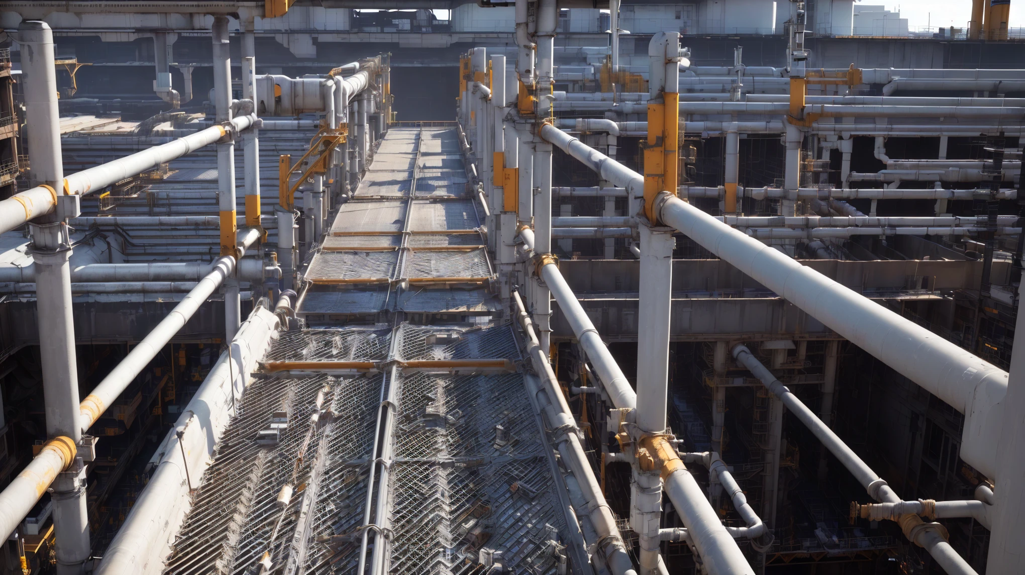 There is a large metal structure,There are a lot of pipes and pipes, scaffolding, Catwalk, corridor, parapets, Rich in details, put up, Rich in detailss, High stairs, Multi-layered, scaffolding collapsing, High Detail, bridges and railings, High quality details, High technical details, pillar ,There is a worker.Wearing a yellow industrial hat.Pipeline inspection