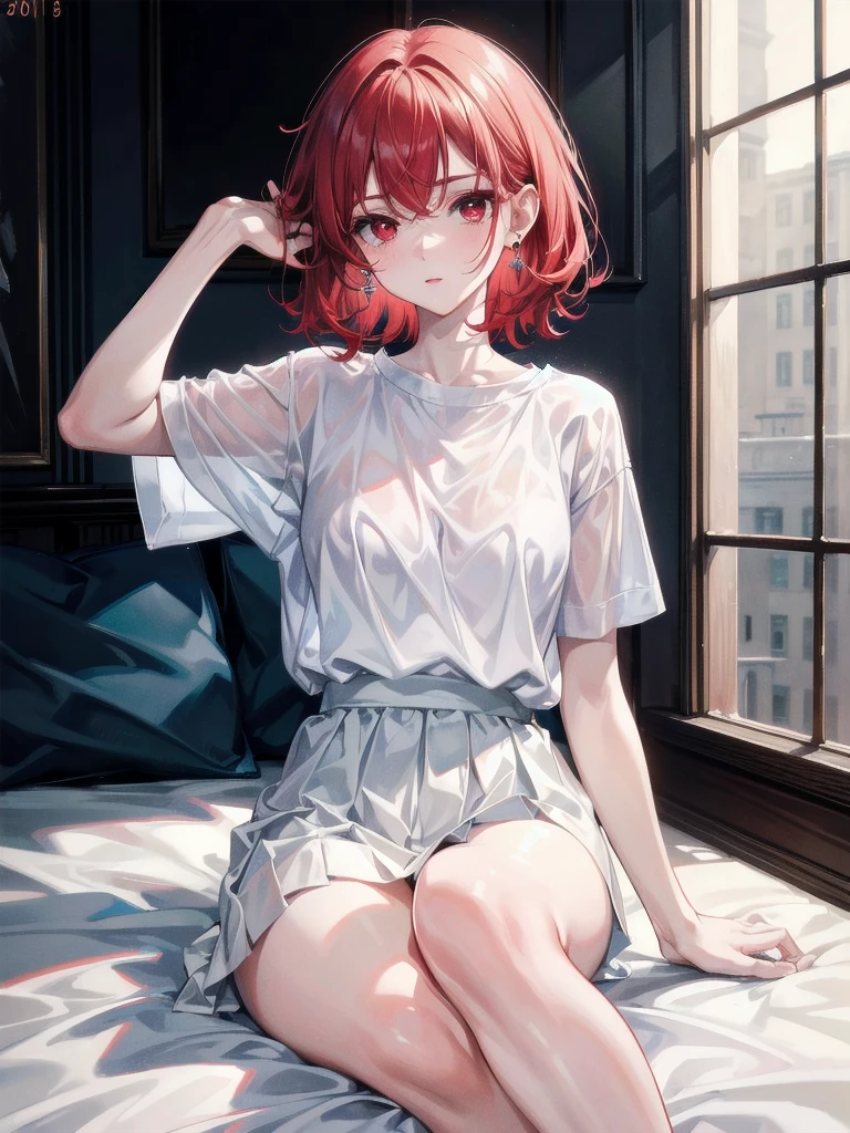 white t-shirt, absurdres, RAW photo, extremely delicate and beautiful, masterpiece, Best Quality, ultra high resolution, 32k, hyperrealistic, ultra-detailed, detailed description, pale skin, 20 years old, tearful mole, earring, short medium hair, wavy hair, whole body shot, bare legs, Redhead, Red eyes,