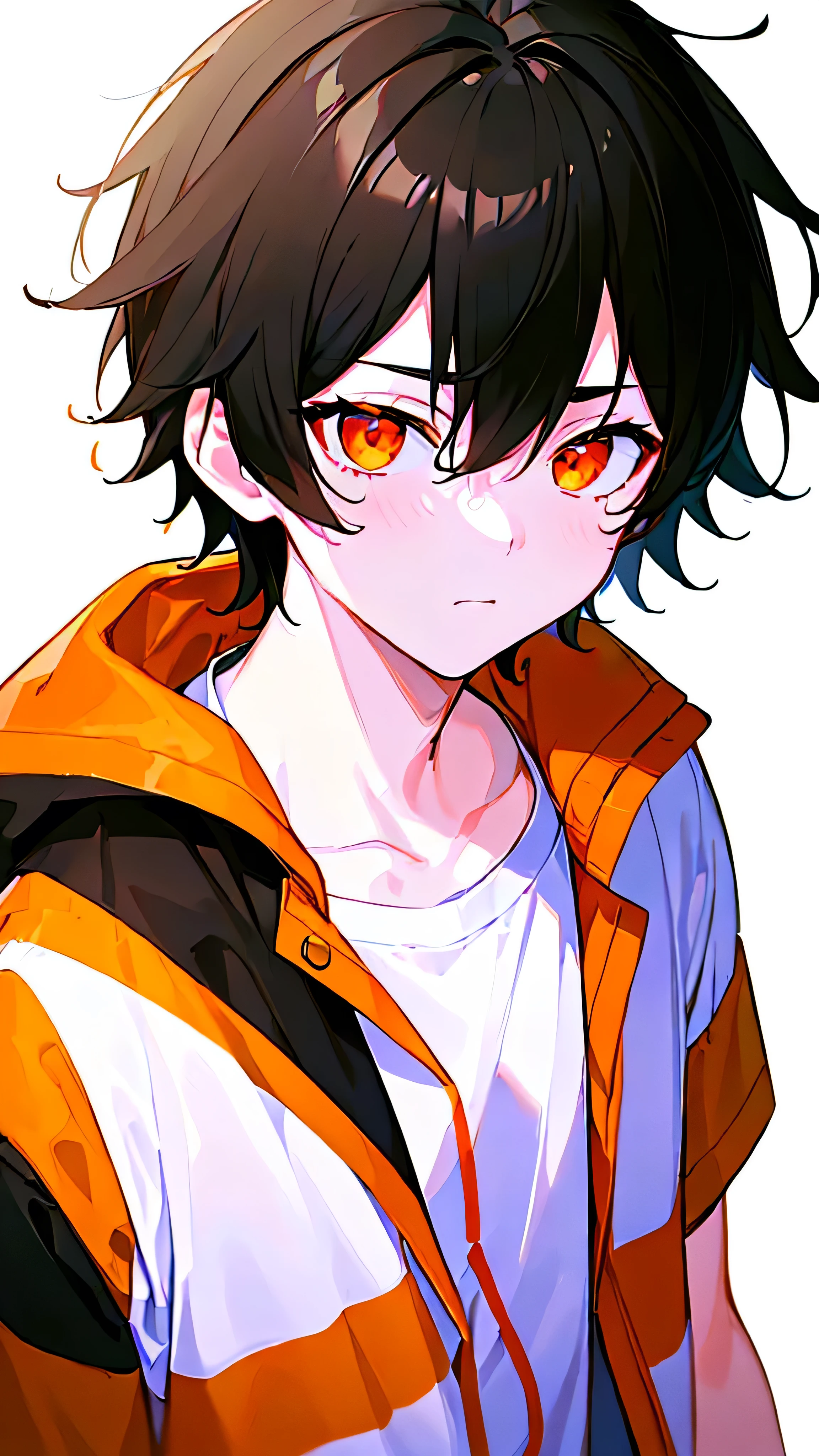 [(WHITE BACKGROUND:1.5),::5], ((((masterpiece)))), high quality, very_high_resolution, large_filesize, full color, ((little boy)), 13 old year, ((men's short Black hair)), vivid color, ((orange eye)), White Parka, (upper body), (flame effect:1.2), anime style