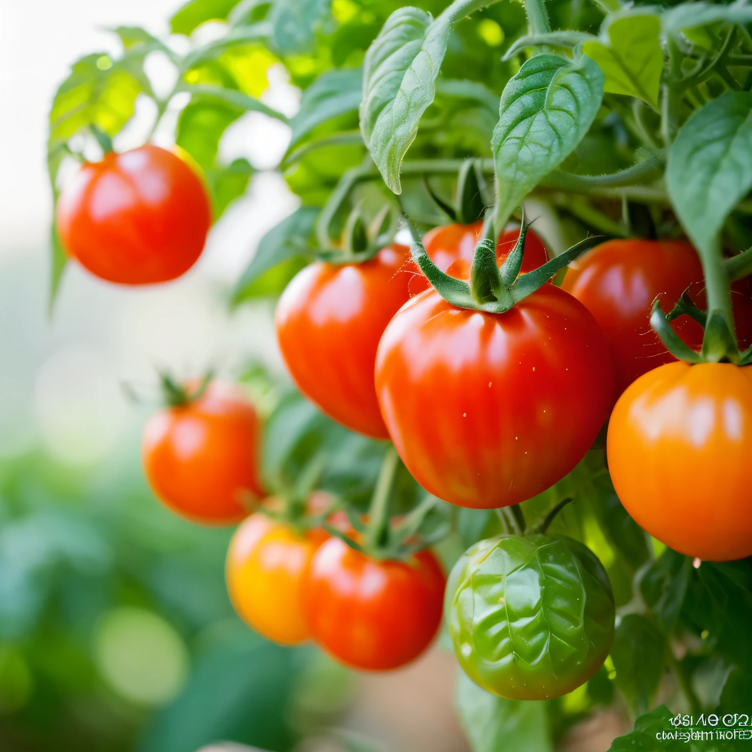 tomato plant with fruit there are dew drops realistic detailed 8k light color blur background