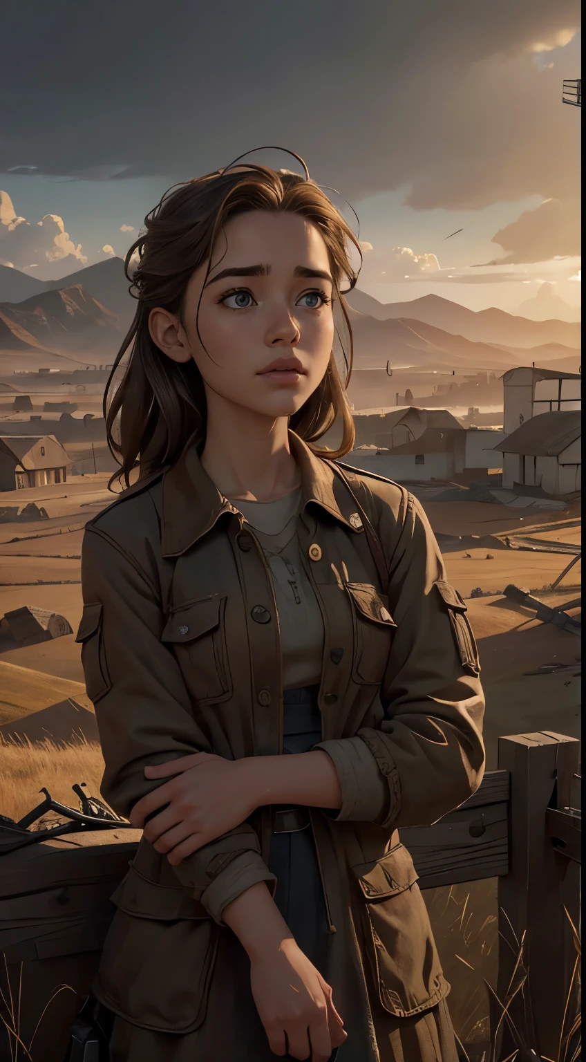 Foto hiperrealista en primer plano de Willa Fitzgerald, masterpiece, best quality, (photorealistic:1.4),  Create dystopian masterpieces. Depict a rural landscape in the rugged style of the game's concept art. This work should evoke a sense of abandonment and despair in a futuristic, post-apocalyptic world. Notice the intricacies of detail, the sharp focus.