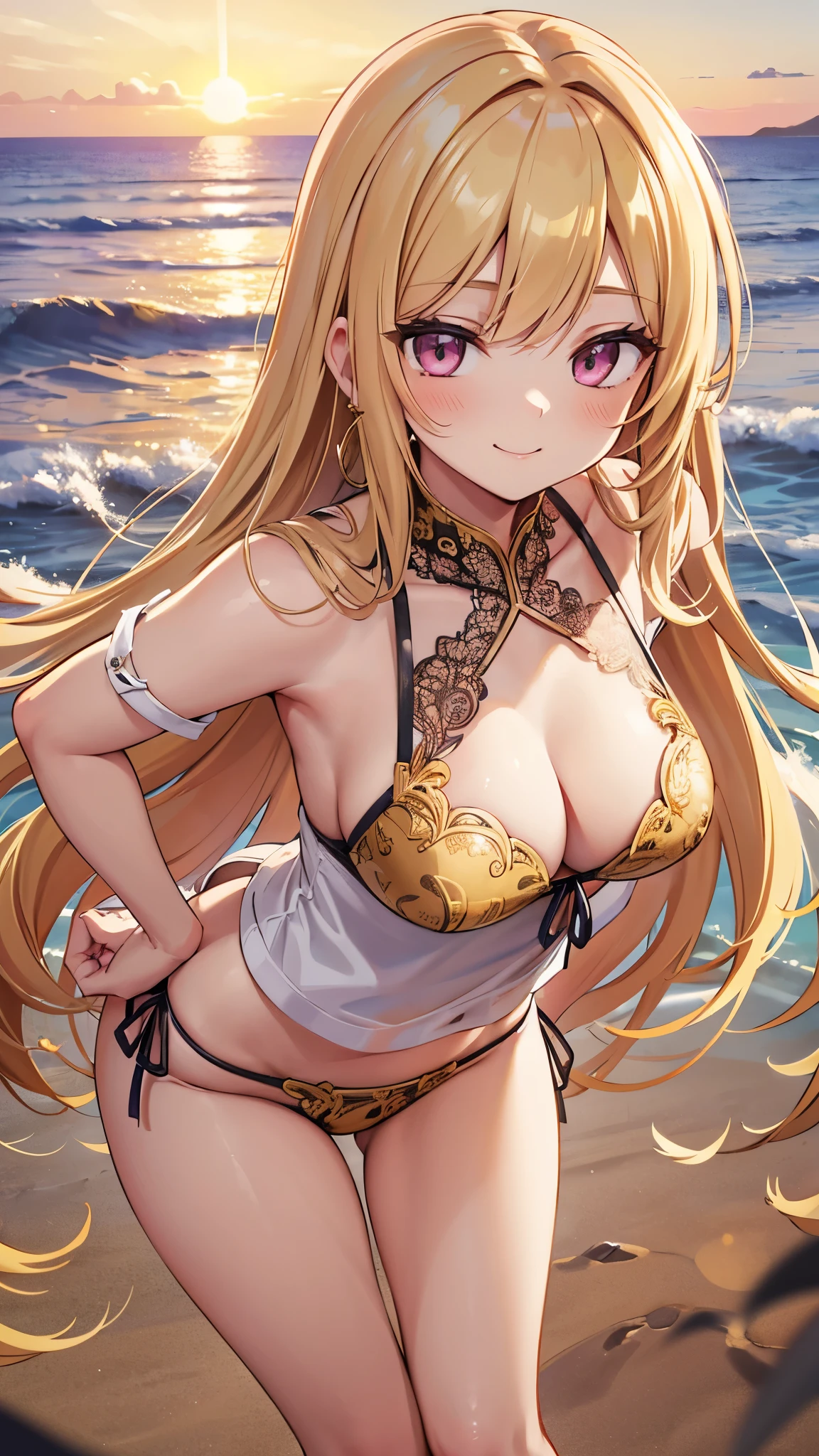 illustration of a woman longhair, (golden hair), face shadow, finely detailed,pink lingerie embroideredbikini, golden earrings, medium breasts, original, highres, (sunset landscape), (beach background), indie aesthetic, happy theme, smile, majestic hair, marvellous illustration, masterpiece, best quality, (magical:1.1), ray tracing, (face shadow), (intricate detailed:1.2), (ultra detailed:1.2), (detailed light), dynamic pose,downblouse, loose t-shirt, leaning forward,multiple girls, group picture, lineup,