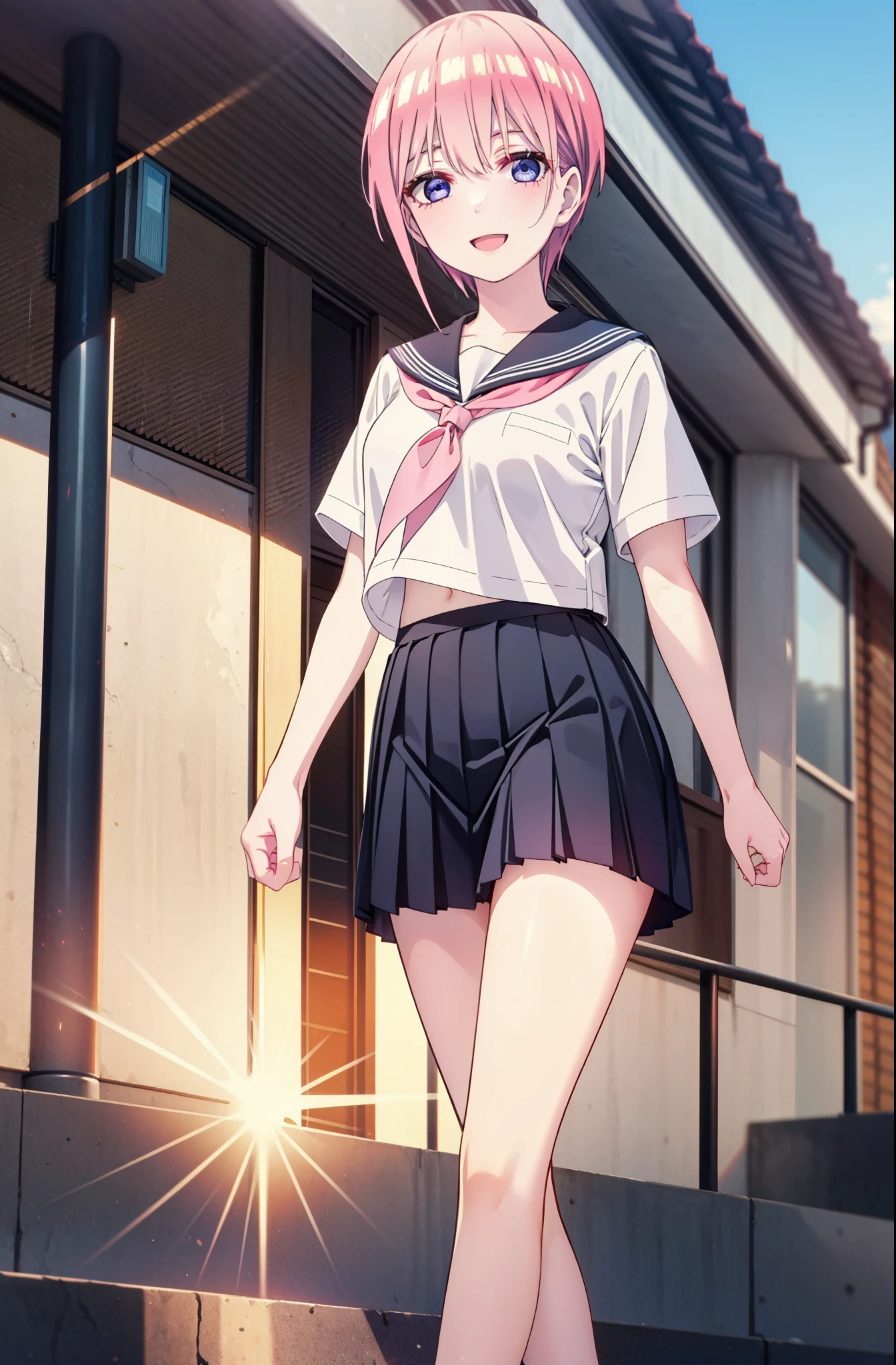 ichikanakano, ichika nakano, short hair, bangs, blue eyes, Hair between the eyes, Pink Hair, smile,happy smile, smile, Open your mouth,Big Breasts,Japanese schoolgirl(Sailor suit),Short sleeve,Black pleated skirt,black tights,Brown Loafers,evening,Sunset,The sun is setting,sunny,whole bodyがイラストが入るように,Looking up from below,Walking,
break outdoors, In town,Building district,
break looking at viewer, whole body,
break (masterpiece:1.2), highest quality, High resolution, unity 8k wallpaper, (shape:0.8), (Beautiful details:1.6), Highly detailed face, Perfect lighting, Highly detailed CG, (Perfect hands, Perfect Anatomy),