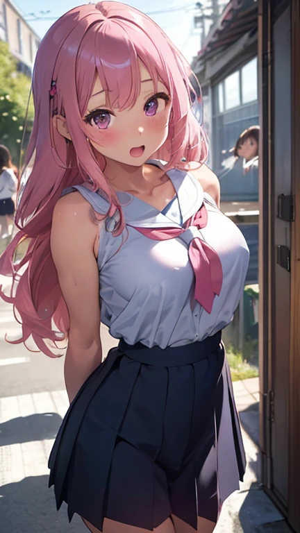 masterpiece、highest quality、Very detailed、Photograph the upper body、1 female、(Arms behind your back:1.4)、Are standing、Turn your body forward、View your viewers、(school costume)、blush、shy、Pink Hair、Open your mouth、classroom、Big Breasts、
