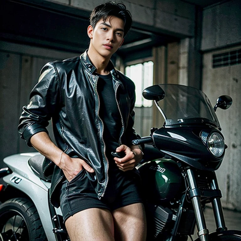 Highest image quality, outstanding details, ultra-high resolution, (realism: 1.4), the best illustration, favor details, highly condensed 1boy, with a delicate and handsome face, dressed in a black and green sexy mecha,holding a directional controller, riding on a motorcycle, the background is a high-tech lighting scene of the future city. ,(( full length shot(fls) )), wide pelvis , wide hips , bare thighs , (handsome face ) ,  , sexy , nsfw , eroticism , micro thongs