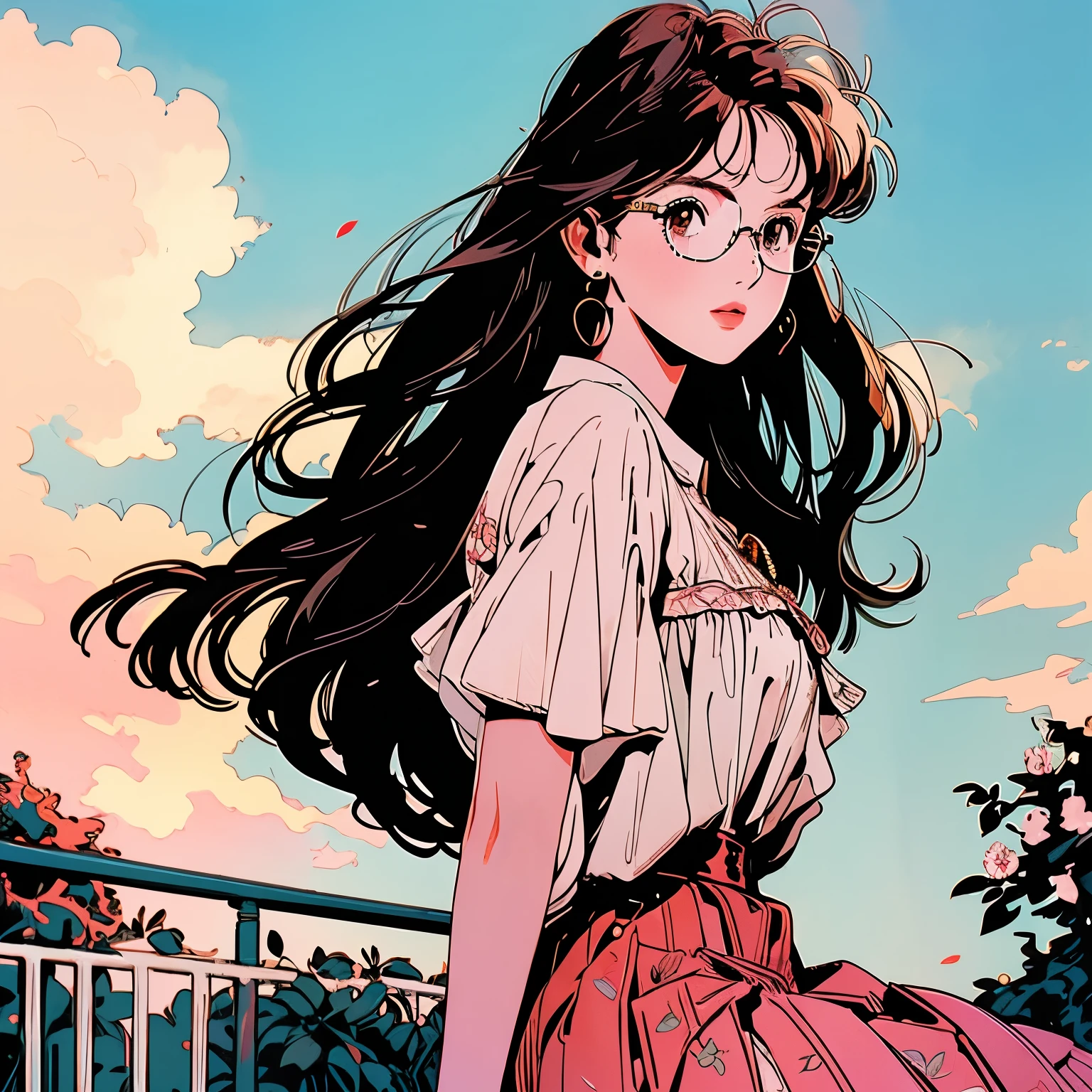 whole body, Upper Body、One beautiful woman、Very detailed、4k, Warm colors , White blouse、skirt, cloud、Flower Field、petal、Complex background、Strong sunlight、front、Braid、Glasses