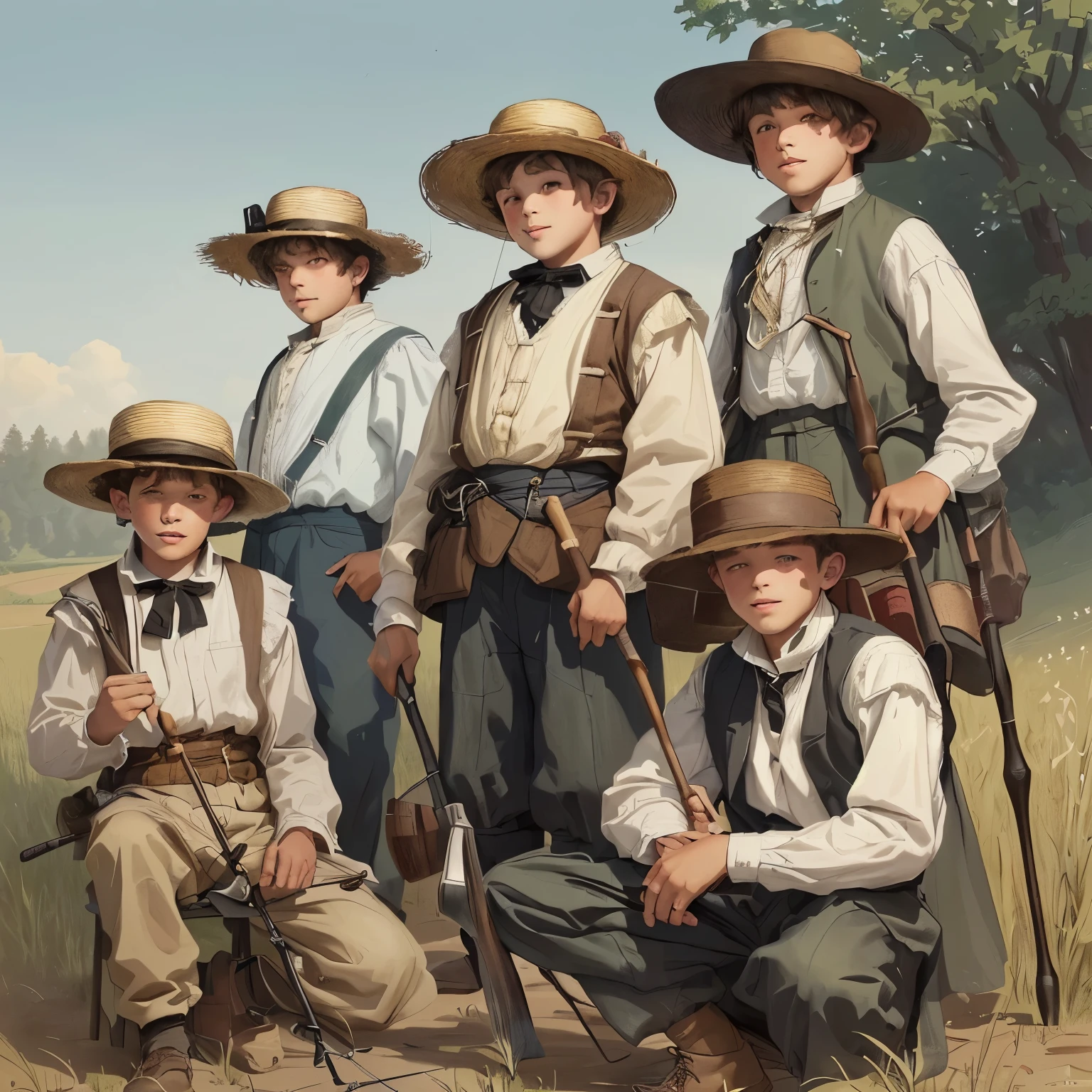 A group of FIVE (5) boys aged 10-13 wearing 19th century clothing like wide-brimmed hats, loose shirts and trousers, standing together in an outdoor rural setting, some holding fishing rods or tools, in an illustration or sketch style. One boy in the right is poor and wearing castoff clothes of full-grown men
