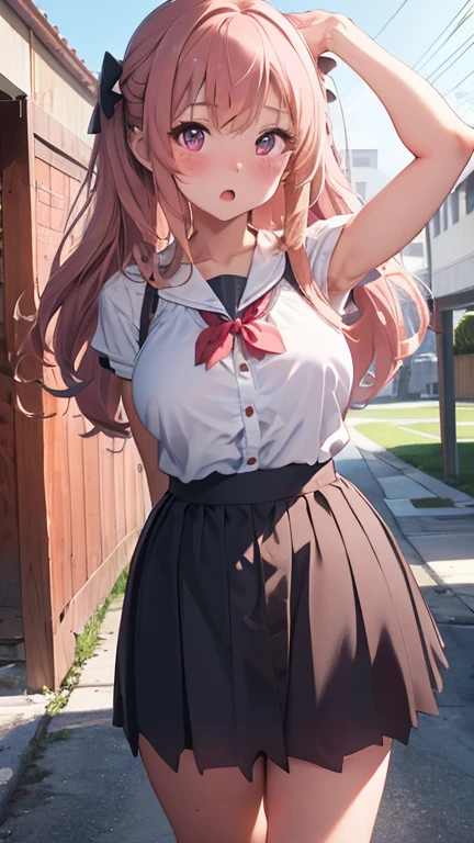 masterpiece、highest quality、Very detailed、Photograph the upper body、1 female、(Arms behind your back:1.4)、Are standing、Turn your body forward、View your viewers、(school costume)、blush、shy、long peach-colored hair、Open your mouth、classroom、Big Breasts、
