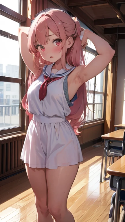 masterpiece、highest quality、Very detailed、Photograph the upper body、1 female、(Arms behind your back:1.4)、Are standing、Turn your body forward、View your viewers、(school costume)、blush、shy、long peach-colored hair、Open your mouth、classroom、Big Breasts、