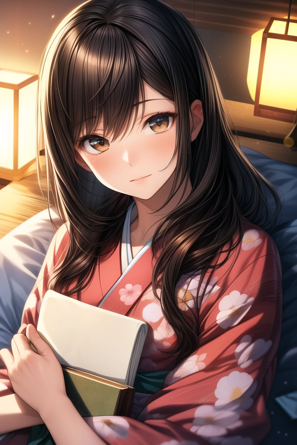 ((highest quality)), ((masterpiece)), (detailed), Perfect Face,A realistic illustration of a young Japanese woman with flowing black hair and deep brown eyes, sleeping peacefully on a futon in a room illuminated by a single paper lantern. She is wearing a simple white yukata and holding a small, well-worn book in her hand. The mood is peaceful and serene.
