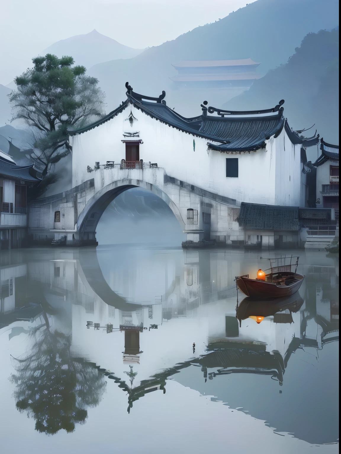 There is a boat sitting on the water,There is a man wearing a straw hat and carrying a load on the bridge, ancient Chinese Architecture, Dreamy Chinatown, Chinese Village, by Wu Zuoren, Chinese Architecture, author:Shi Rui, by Xia Yong, by Jiang Tingxi, Chinese Arts, by Wang Jian, author:Dong Yuan, by wu daozi, by Xie Shichen, Chinese, Chinese scenery