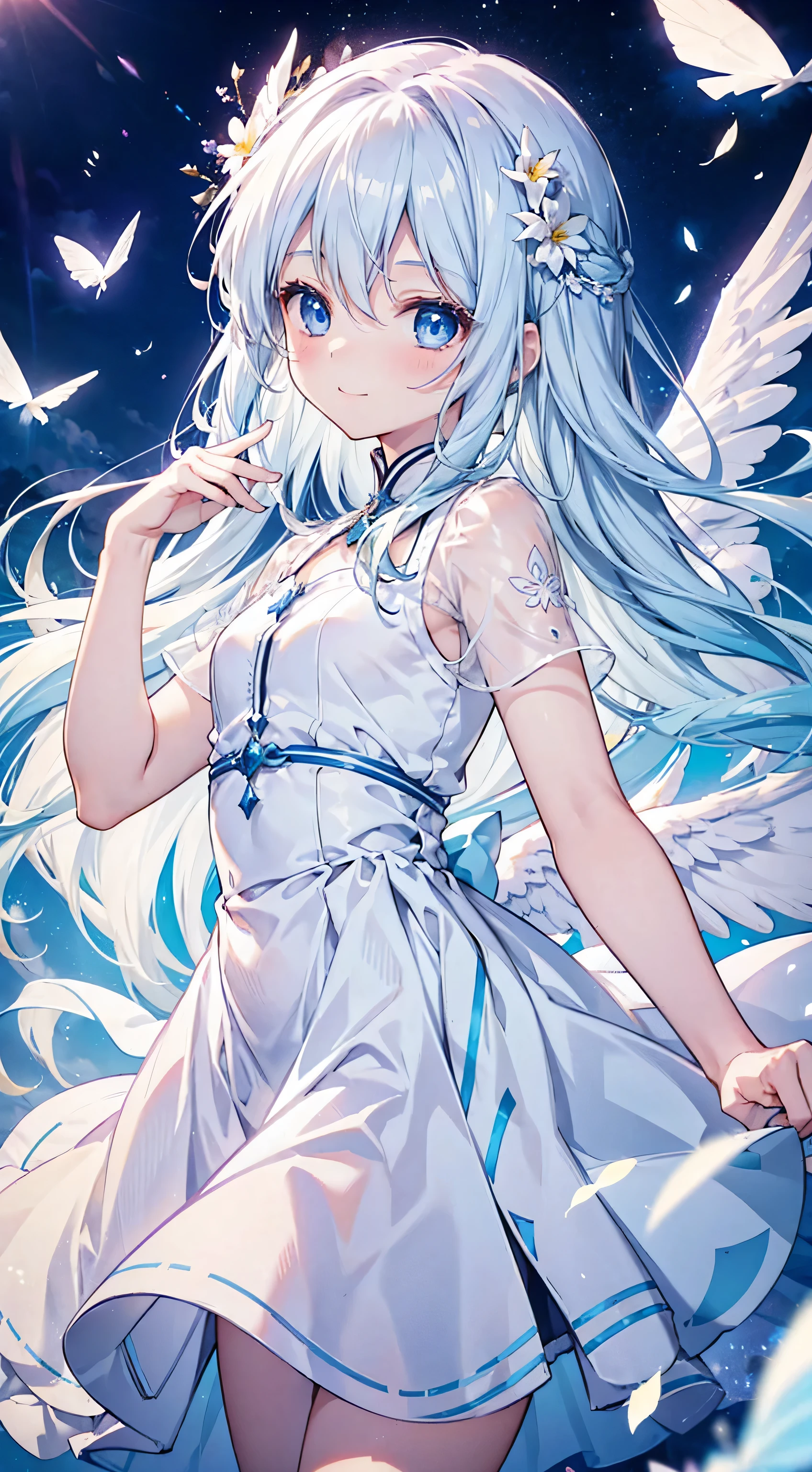 A cute angel girl with long white hair and blue eyes、16 years old、Angel wings on the back、Body floating in the air、Close your eyes、smile、Dance、White dress、Angel Wings Fluttering、flower々Fluttering