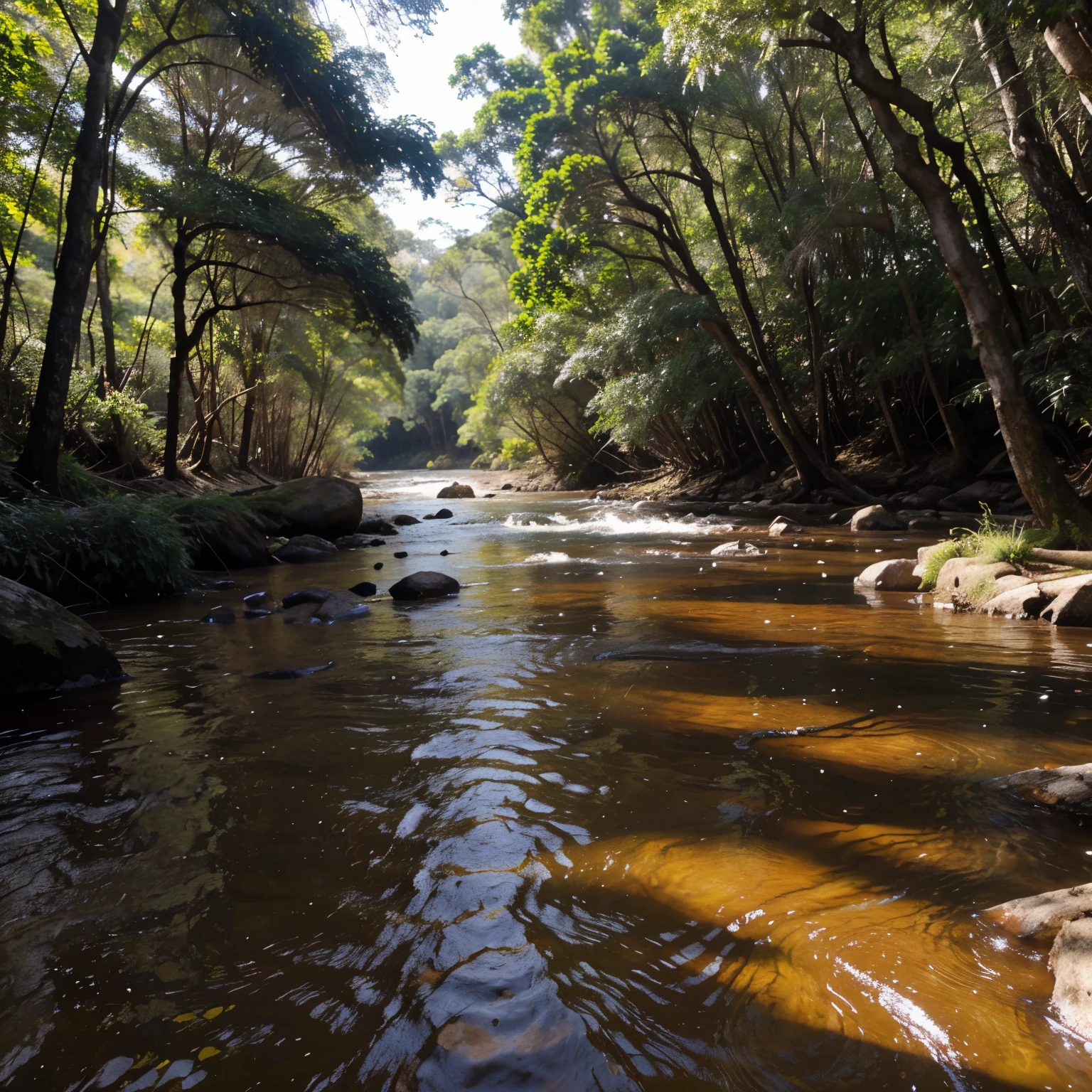 Barandal de madera un rio de agua clara y un bosque hermoso