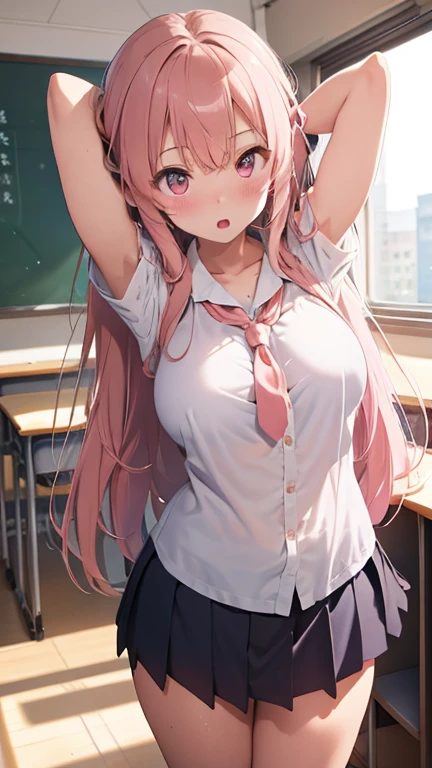 masterpiece、highest quality、Very detailed、Photograph the upper body、1 female、(Arms behind your back:1.4)、Are standing、Turn your body forward、View your viewers、(school uniform)、blush、shy、long peach-colored hair、Open your mouth、classroom、Big Breasts、