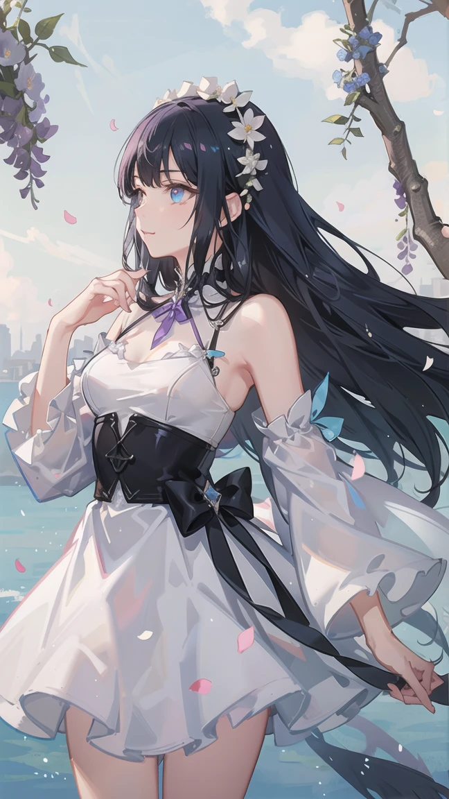 Woman kissing a wisteria flower,White Dress,Elegant,Wind,Ultra HD,cute,Beauty,Open chest、Clothes that expose shoulders and armpits