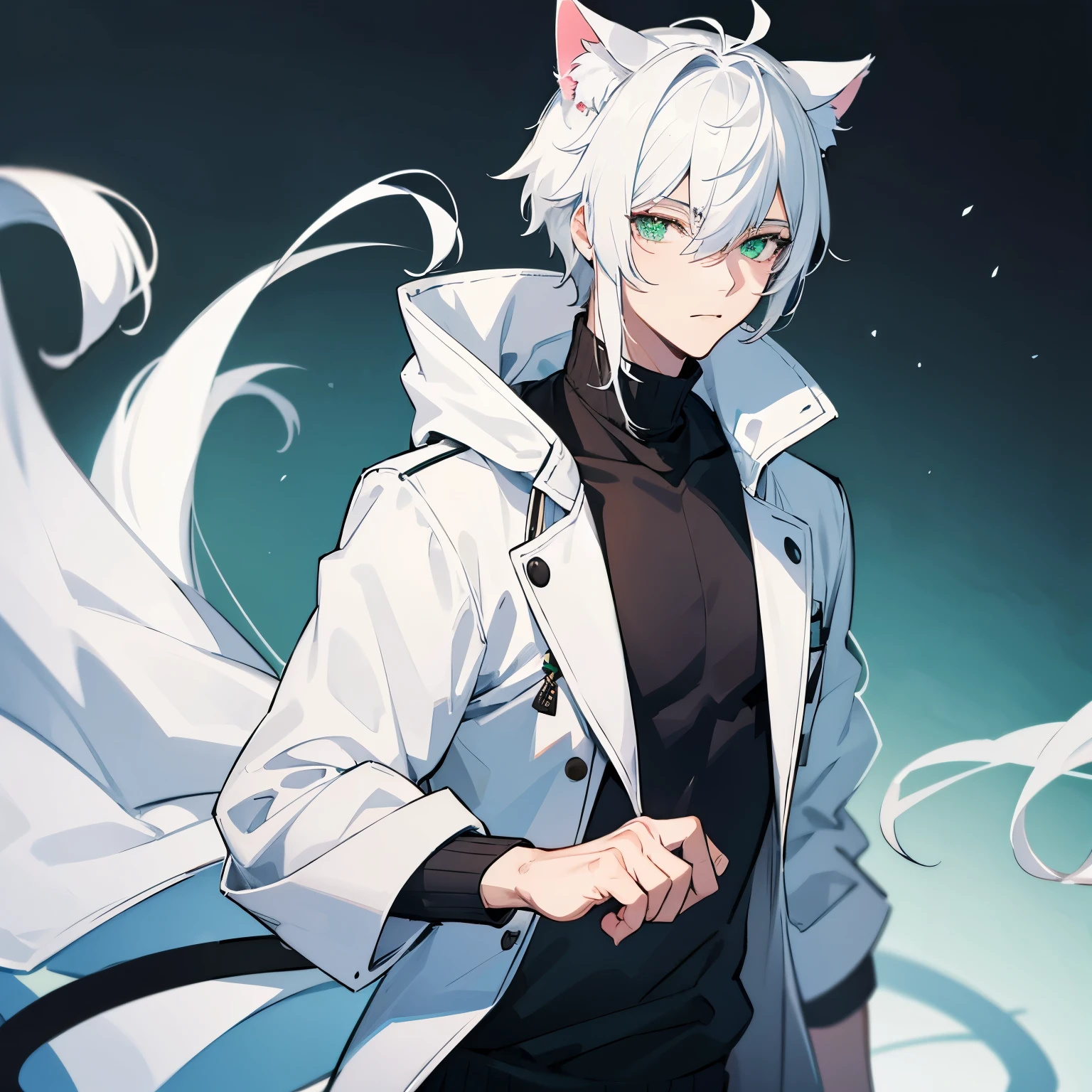 One men white hair eye green have cat ear and tail in black sweater white coat , handsome face